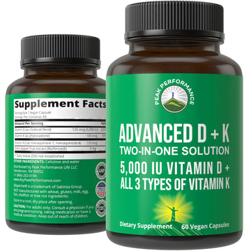 Peak Performance Advanced Vitamin D 5000 IU with All 3 Types of Vitamin K Vitamin D3 and Vitamin K2, K1, MK-7 (MK7), MK4 Supplement - 60 Small and Easy to Swallow Vegetable Pills Peak Performance Au supplements