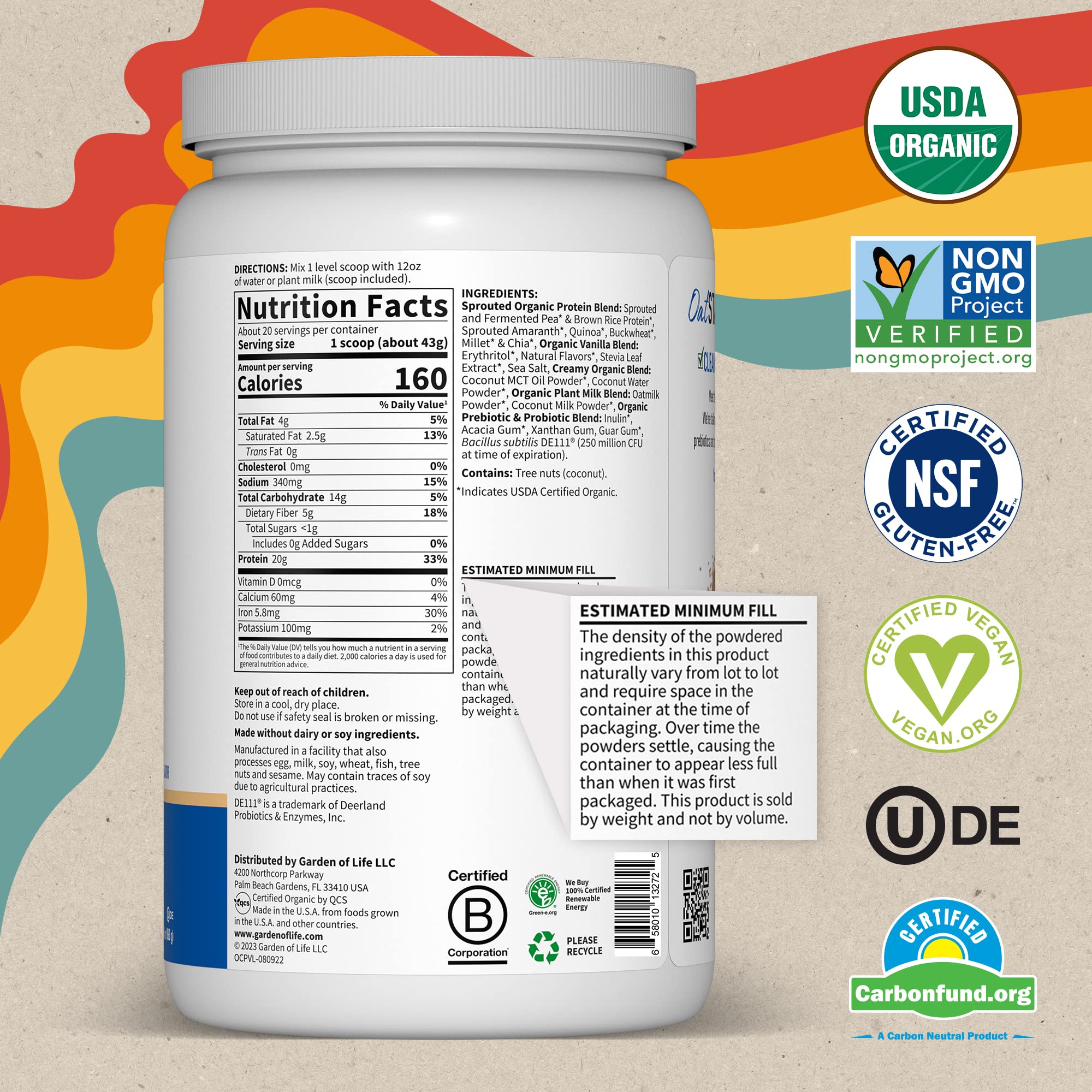 Garden of Life Creamy Vanilla Cookie Protein Powder + Oatmilk 20g Organic Vegan Plant Garden of Life Au supplements