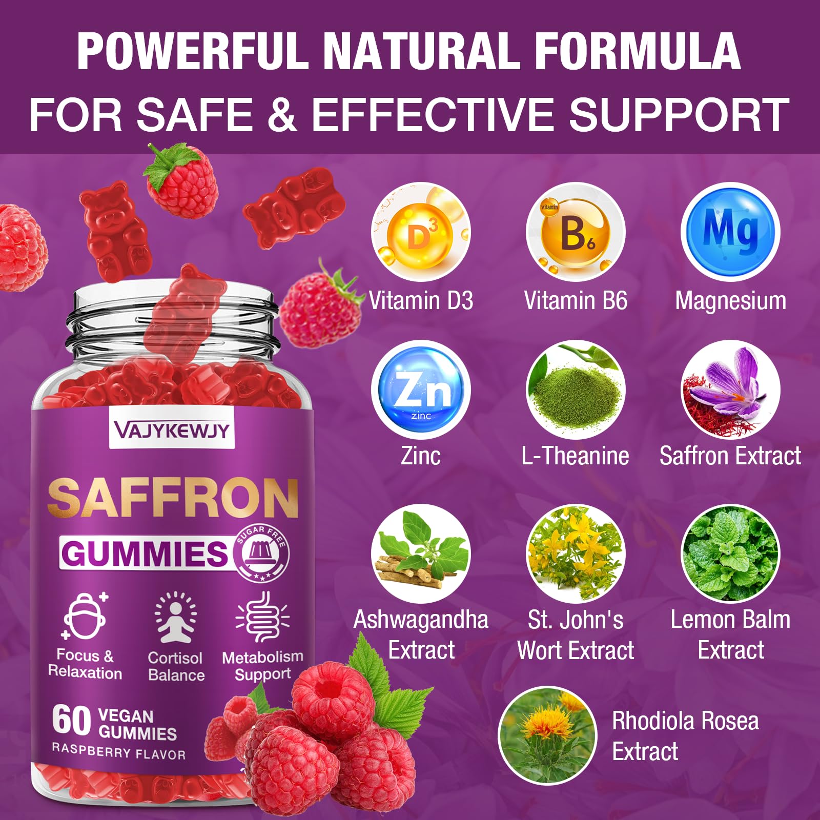 VAJYKEWJY Saffron Gummies (88.5 mg) with Magnesium — Enhanced with St. John’s Wort, Rhodiola, Ashwagandha & Vitamins B6, B12, D3 for Mood & Focus Support — 120 Count VAJYKEWJY Au supplements
