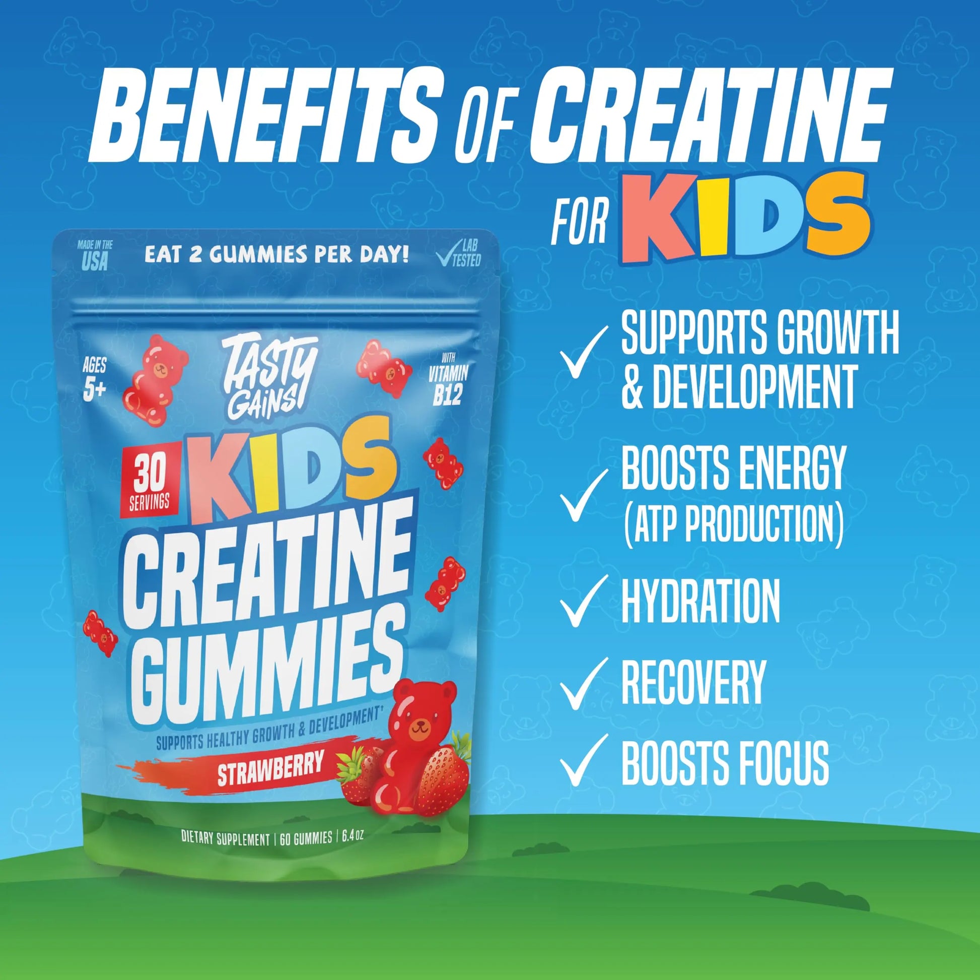 TASTY GAINS Kids & Teen Creatine Gummies with Vitamin B12 for Growth Support, Easy Chew Daily Supplement, Gummy Vitamins for Kids and Teens, Ages 5+ TASTY GAINS Au supplements