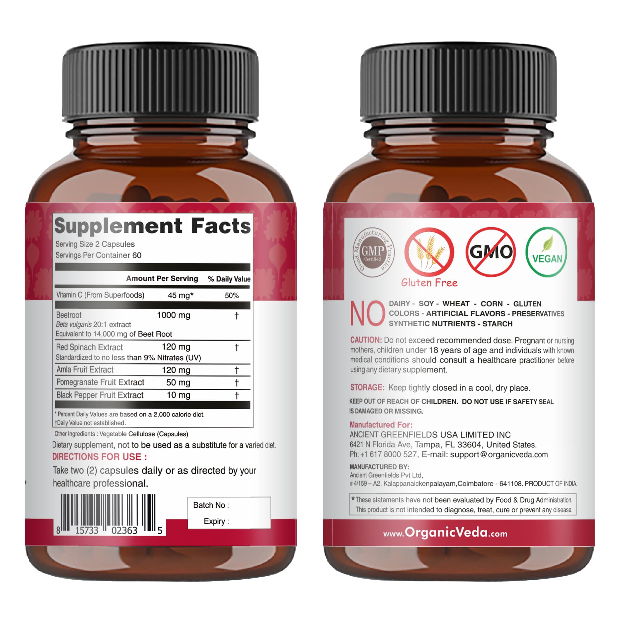 Organic Veda Beet Root Capsules - Triple Reds Nitric Oxide Beets Supplements - Concentrated Organic Veda Au supplements