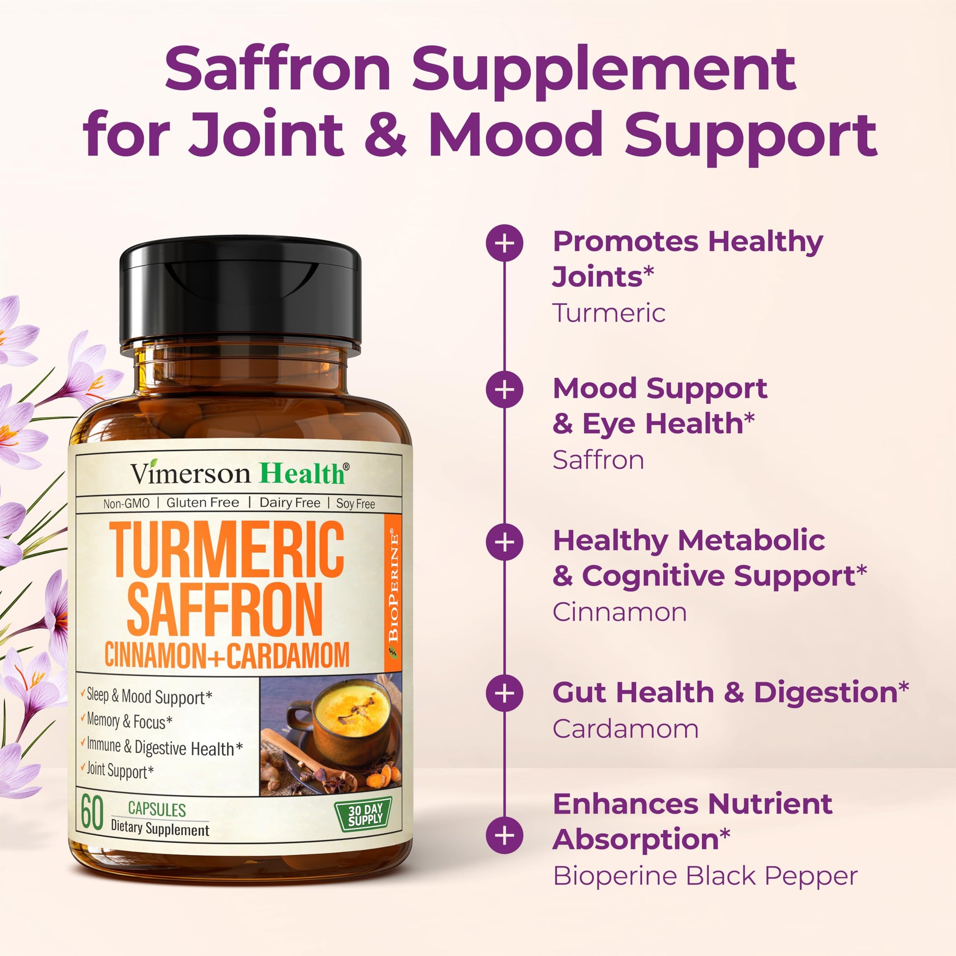 Saffron Supplements – 89mg Saffron Extract, 1000mg Turmeric Curcumin, Ceylon Cinnamon & Cardamom – Daily Mood, Joint & Metabolic Support – Joint Supplements for Women & Men – 60 Capsules Vimerson Health Au supplements