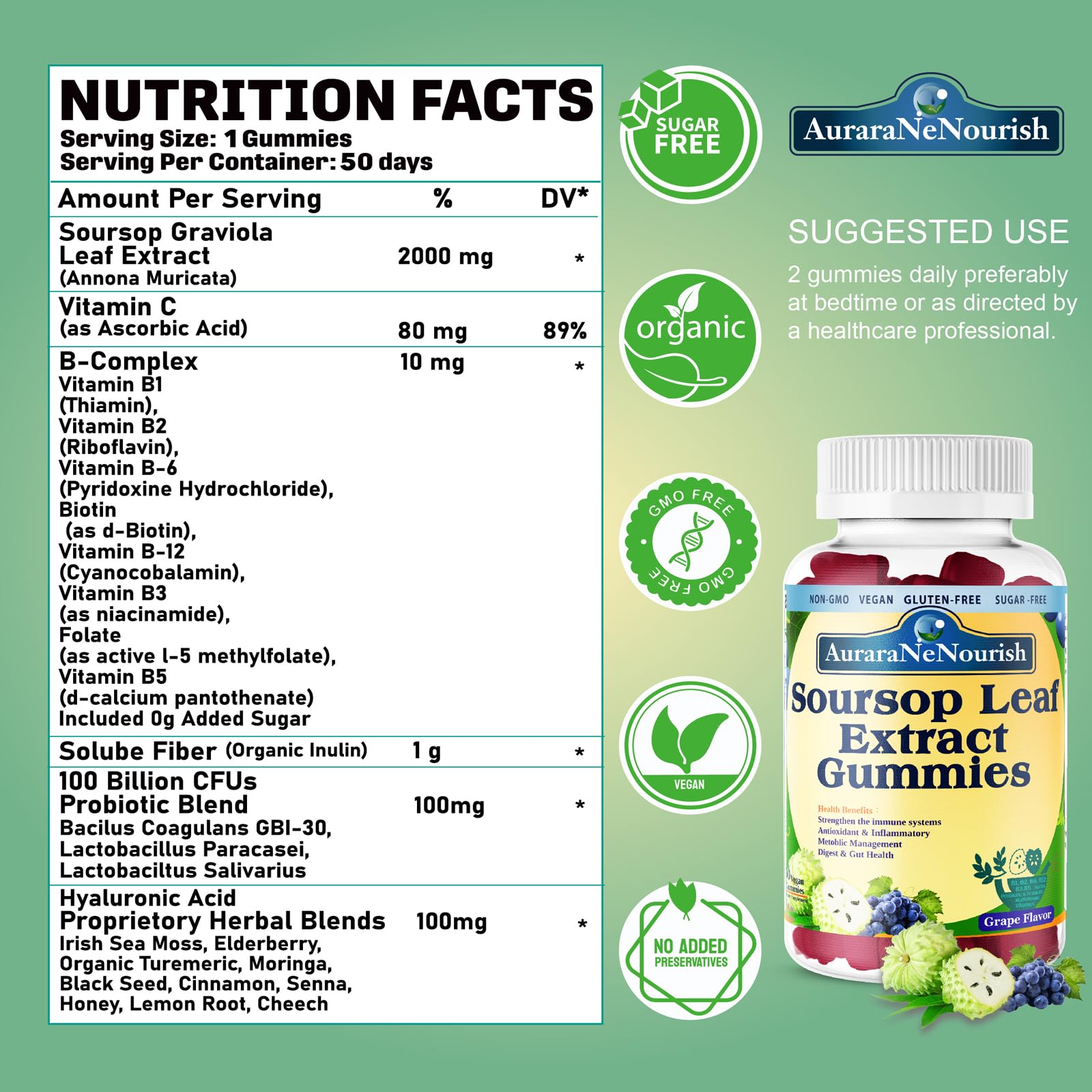 AuraraNeNourish Sugar Free Soursop Gummies with Probiotics & Fiber 100 Billion CFUs, Organic Soursop Leave Extract with Vitamin C B-Complex for Digestive Gut Health, Energy Balance, Immune Boost AuraraNeNourish Au supplements
