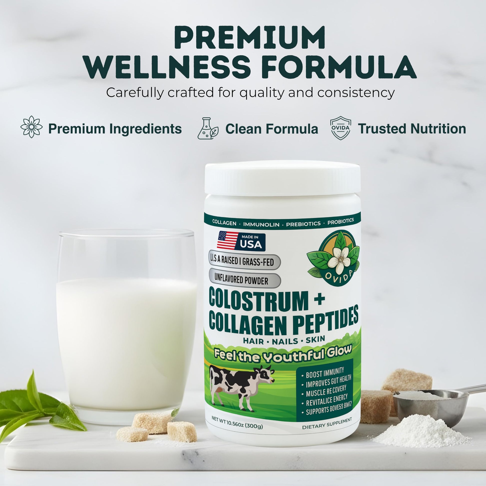 Bovine Colostrum and Hydrolyzed Collagen Peptides Powder Supplement for Women & Men - Supports Gut Health, Joint & Bone Health, Hair Skin Nails - Grass-Fed, Non-GMO, Gluten Free, 300g (30 Servings) OVIDA Au supplements