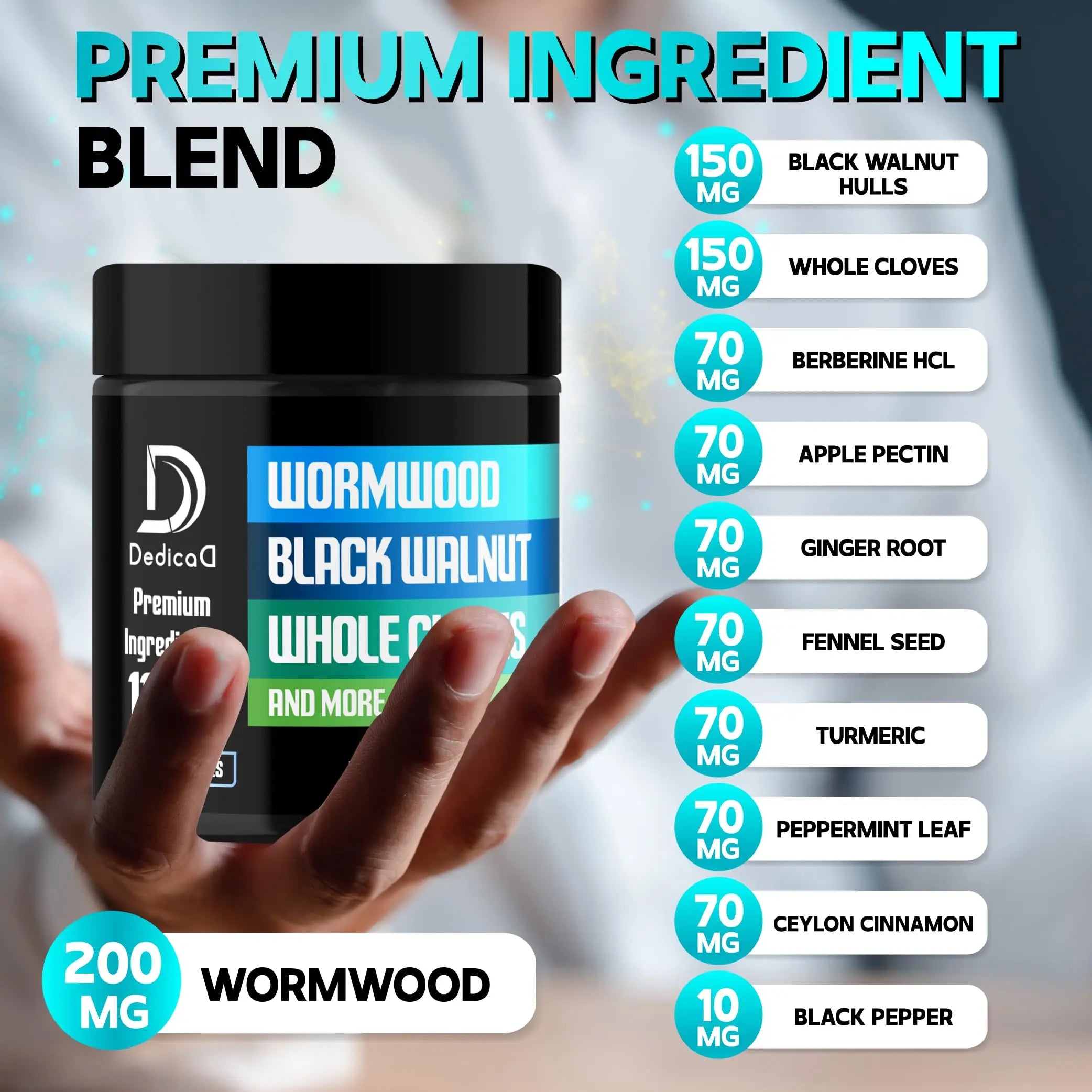 DEDICAD 11in1 Wormwood Capsules - 180 Capsules Extracted from Black Walnut, Cloves, Ginger, Turmeric, Apple, Berberine HCl & More - Support Immune System for 3 Months DEDICAD Au supplements
