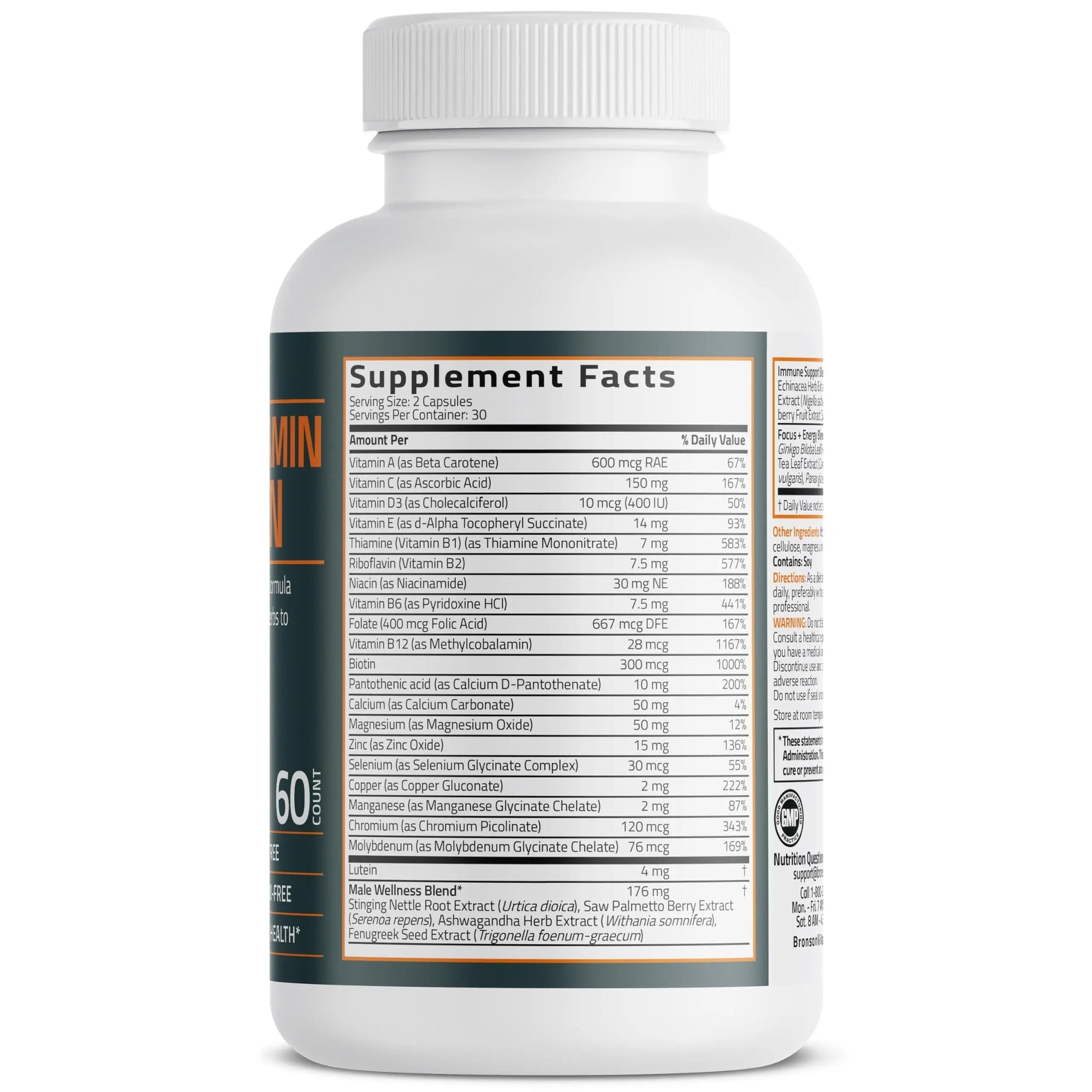 Bronson Multivitamin for Men All-in-One Daily Coverage Formula Key Vitamins, Minerals & Herbs to Support Men's Health, 60 Capsules Bronson Au supplements