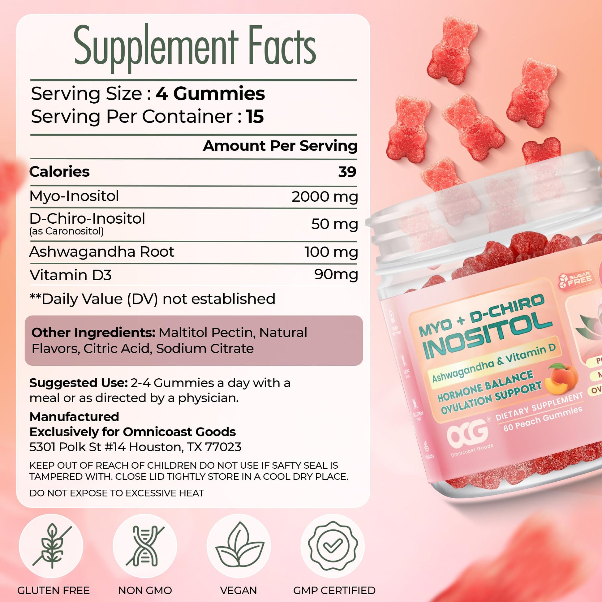 OMNICOAST GOODS, OCG Myo-Inositol & D-Chiro Inositol Gummies with Ashwagandha | PCOS Support | Ovulation & Mood Support, 40:1 Ratio Inositol for Hormone Balance, Sugar-Free, Non-GMO (60 Gummies) OMNICOAST GOODS, OCG Au supplements