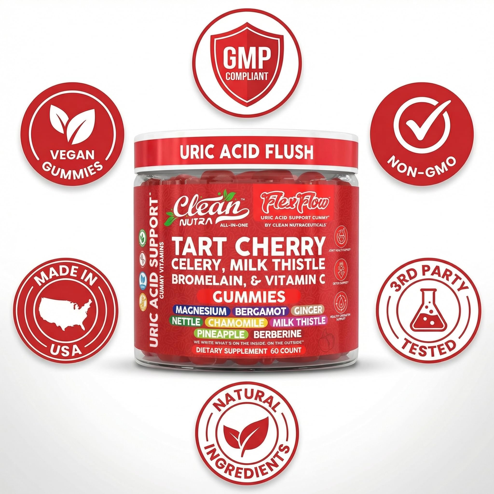 Clean Nutra Tart Cherry Gummies Uric Acid Flush Celery Milk Thistle Bromelain Vitamin C Magnesium Citrus Bergamot Ginger Stinging Nettle Leaf Chamomile Berberine Quercetin Support 60 Gummy Vitamins Clean Nutraceuticals Au supplements
