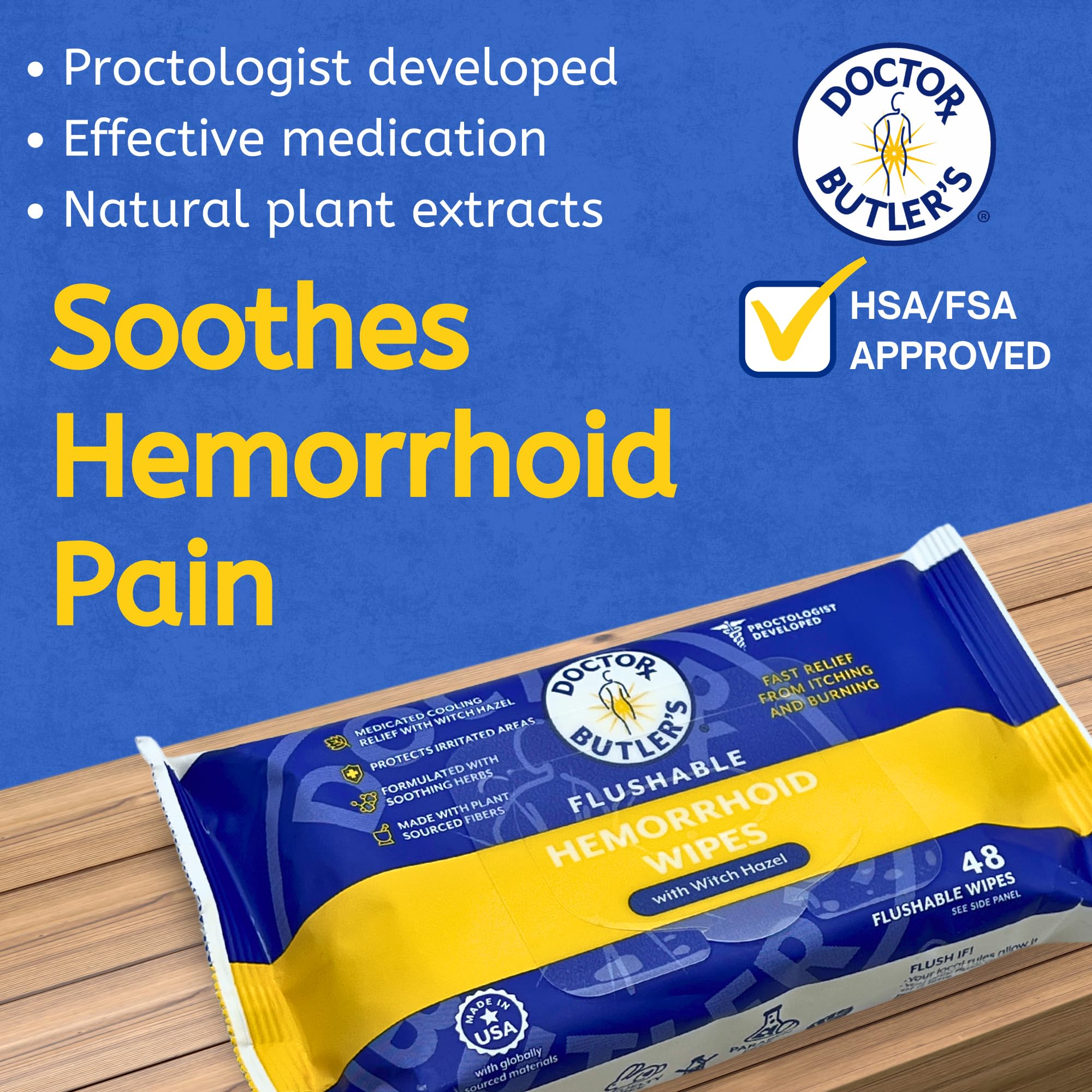 Doctor Butler's Flushable Hemorrhoid Wipes – Flushable Wipes with Witch Hazel to Soothe and Bring Relief from Discomfort Associated with Hemorrhoids (48 Wipes) Doctor Butler's Au supplements