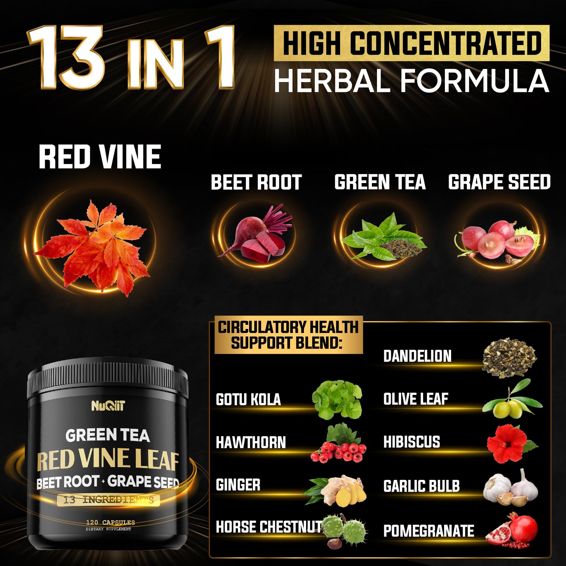 Red Vine Leaf Extract 15000mg Beet Root 3000mg Organic Green Tea 3000mg Supplement & More - Support Heart Health, Strength, Immune System & Body Management - 120 Vegan Capsules for 2-Month Supply NUQIIT Au supplements