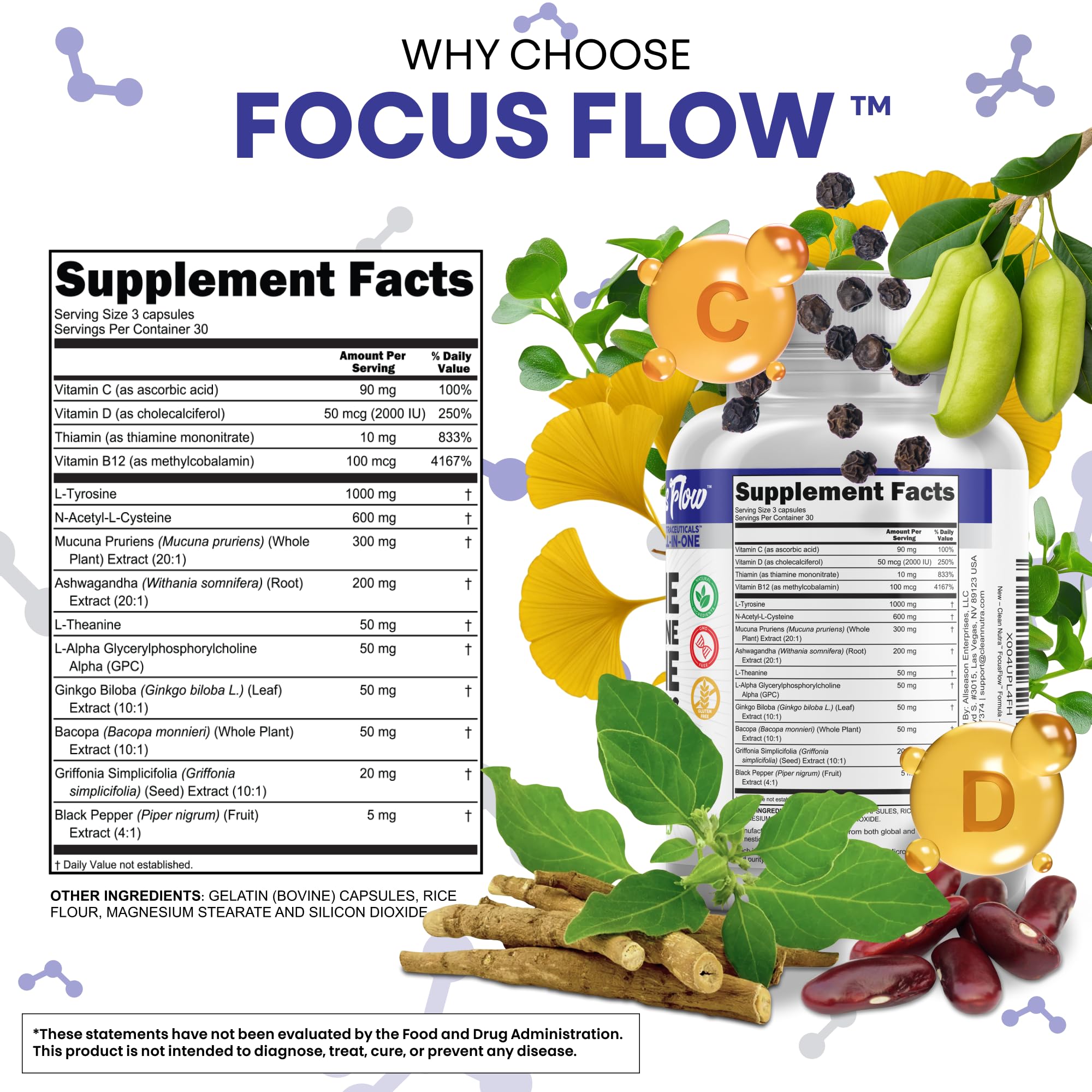 Focus Flow L-Tyrosine Vitamin B C D L-Theanine Ashwagandha Ginkgo Biloba Vitamin B12 Thiamine Black Pepper N-Acetylcysteine Mucuna Pruriens 90 Count Capsules by Clean Nutra Clean Nutraceuticals Au supplements