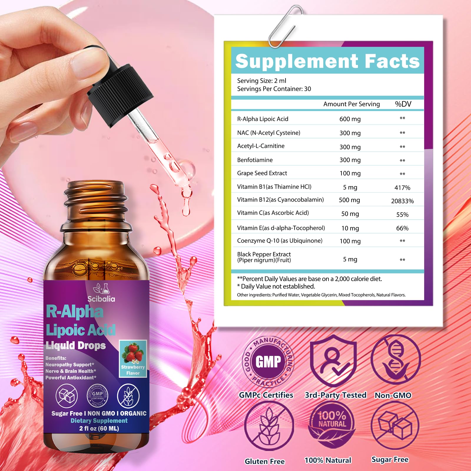 R Alpha Lipoic Acid 600mg Liquid Drops for Neuropathy, Advanced 11-in-1 Stabilized R-ALA Supplement w. Benfotiamine Acetyl L-Carnitine Vitamin C E for Antioxidant Nerve Brain Energy Health Non GMO Scibalia Au supplements
