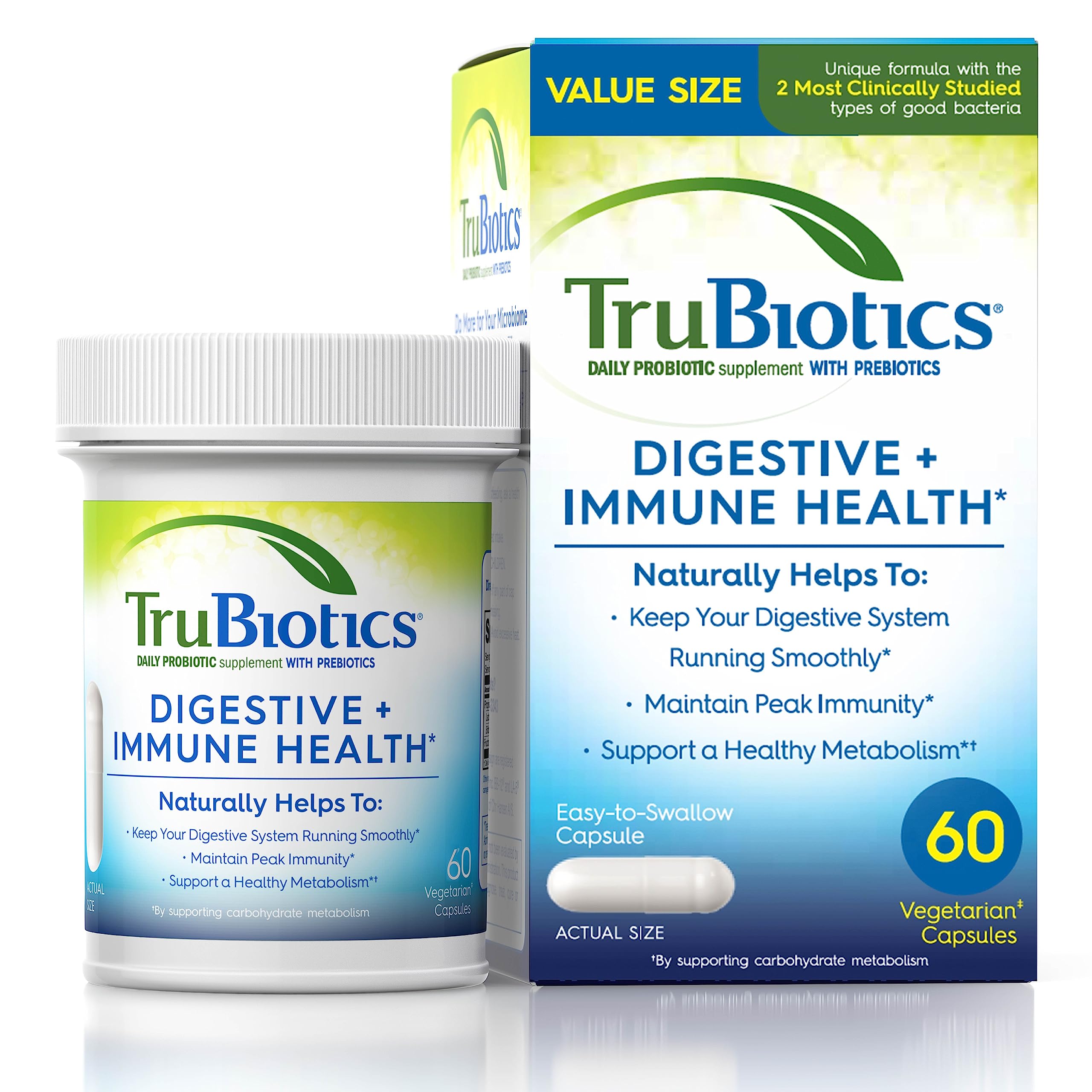 TruBiotics Probiotics for Digestive & Immune Health, Supports Regularity & Helps Relieve Abdominal Discomfort, Gas & Bloating, 2 Clinically Studied Probiotic Strains, Plus Prebiotics, 60 Capsules TruBiotics Au supplements