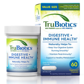 TruBiotics Probiotics for Digestive & Immune Health, Supports Regularity & Helps Relieve Abdominal Discomfort, Gas & Bloating, 2 Clinically Studied Probiotic Strains, Plus Prebiotics, 60 Capsules TruBiotics Au supplements