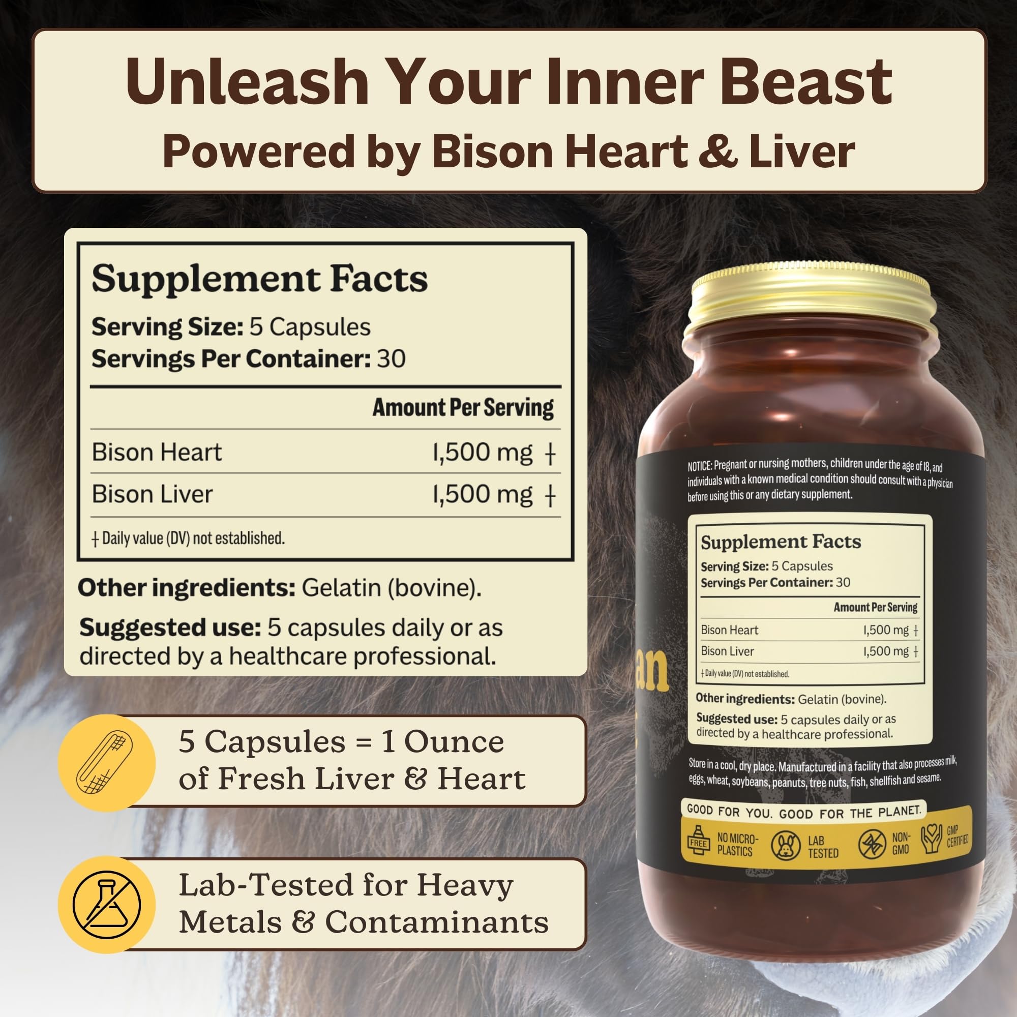 MK Supplements American Beast | Bison Liver & Heart Capsules | ~49x More CoQ10 Than Beef Liver | Regeneratively Raised Bison | 150 Capsules MK Supplements Au supplements