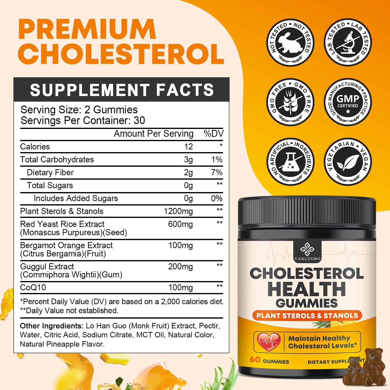 Cholesterol Supplements with 1200mg Plant Sterols & Stanols, Guggul, Bergamot, Red Yeast Rice, Cholesterol Complex Gummies Support Healthy Cholesterol Levels, Pineapple Flavor, 60 Counts YANLUOBO Au supplements