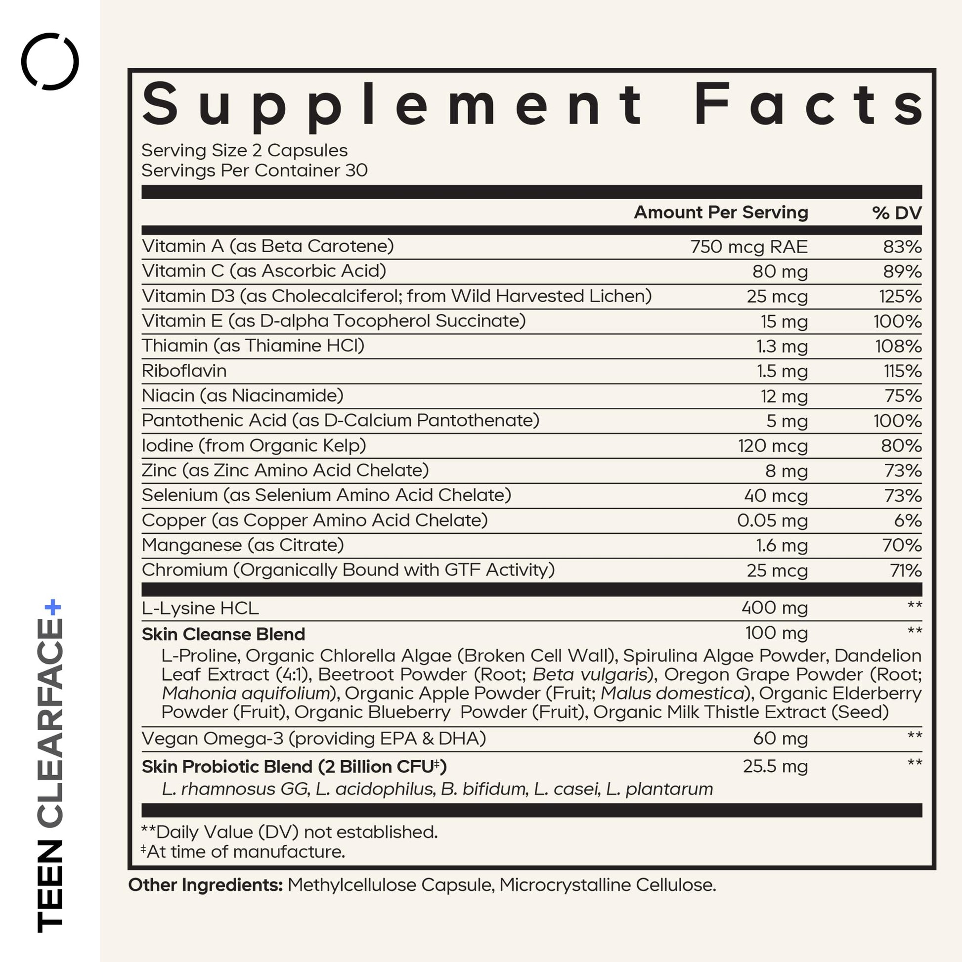 Codeage Teen Clearface Adolescent Face, Skin & Pimples, Vitamins A, C, D3, E, Pantothenic Acid, Niacin, Zinc Supplement Teenagers, Probiotics, L-Lysine, Omega-3, Oily Skin, Pores, Spots - 60 Capsules Codeage Au supplements