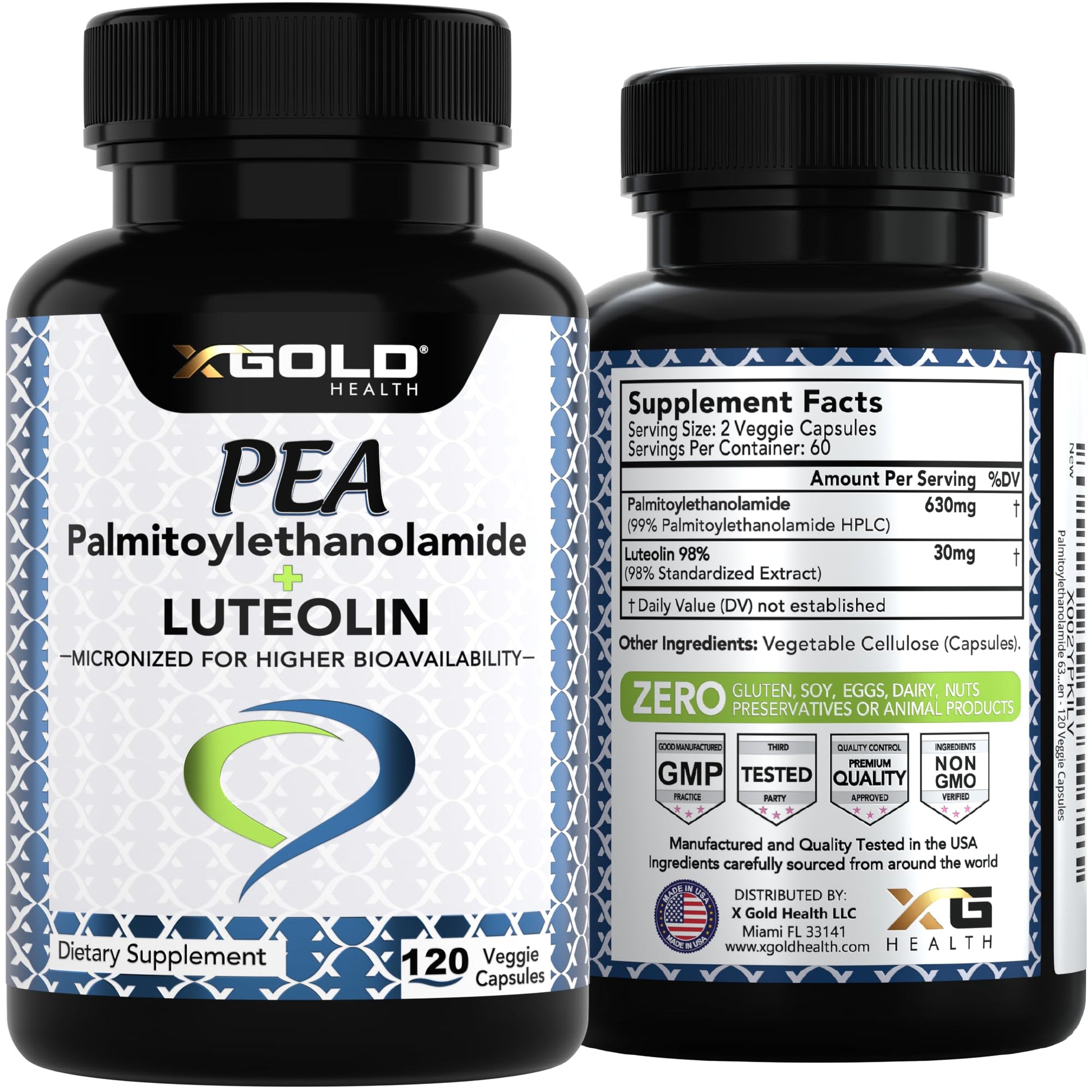 Palmitoylethanolamide 630 mg + Luteolin Standardized 98%- Micronized Pea 99% Highly Purified and Bioavailable - Made in USA - Supplement for Men and Women - 120 Veggie Capsules X Gold Health Au supplements