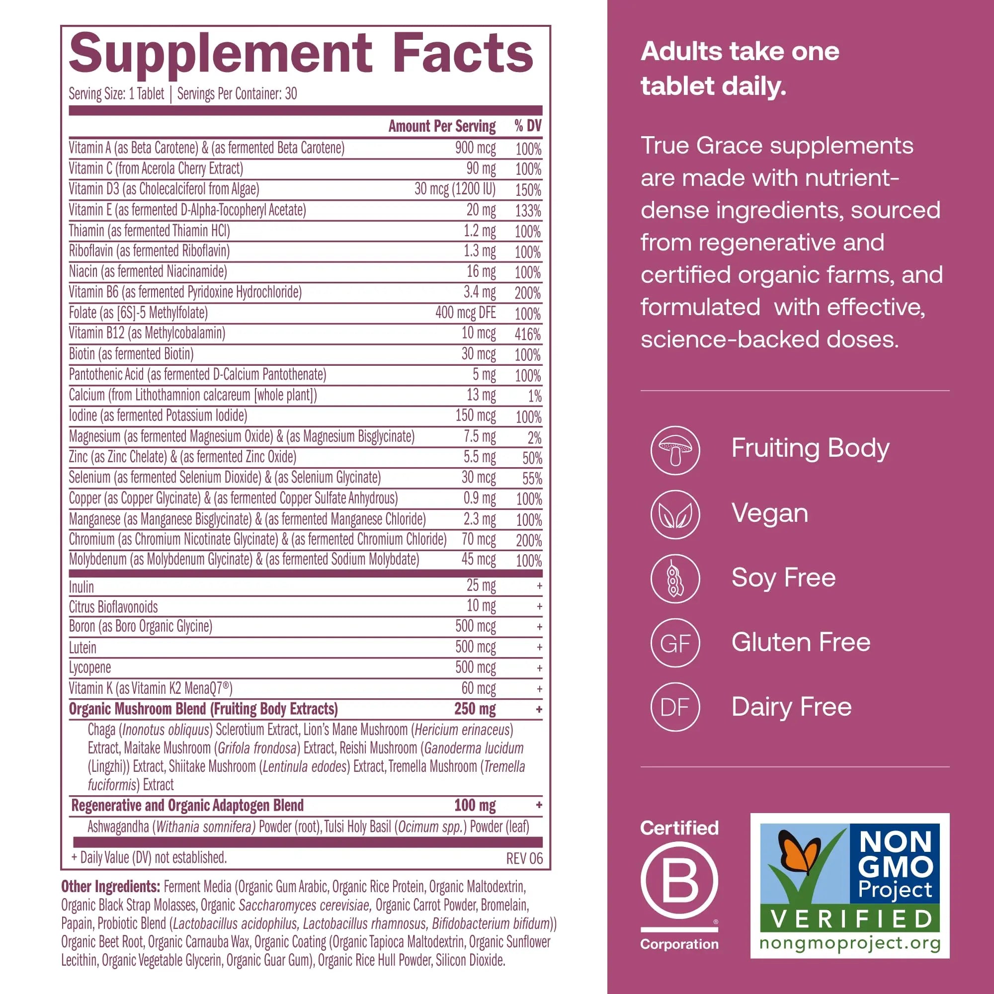 True Grace One Daily Women’s Multivitamin 40+ Fermented Minerals, Organic Adaptogens & Mushrooms Energy, Immune, Bone Support True Grace Au supplements