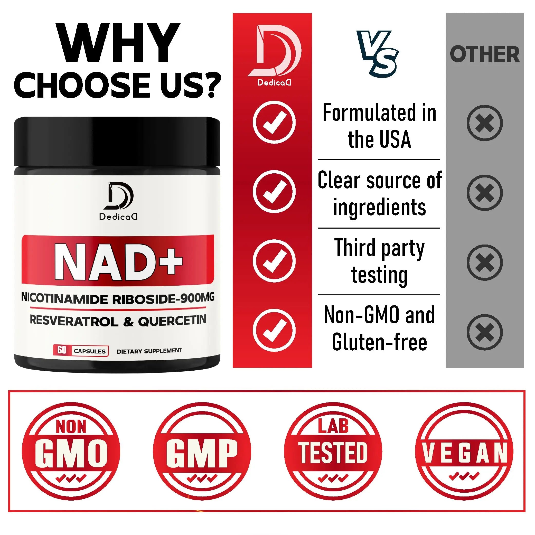 DEDICAD NAD Supplement with Nicotinamide Riboside, Trans-Resveratrol, Quercetin - Cellular Energy & Repair, Vitality, Healthy Aging - 60 Count DEDICAD Au supplements