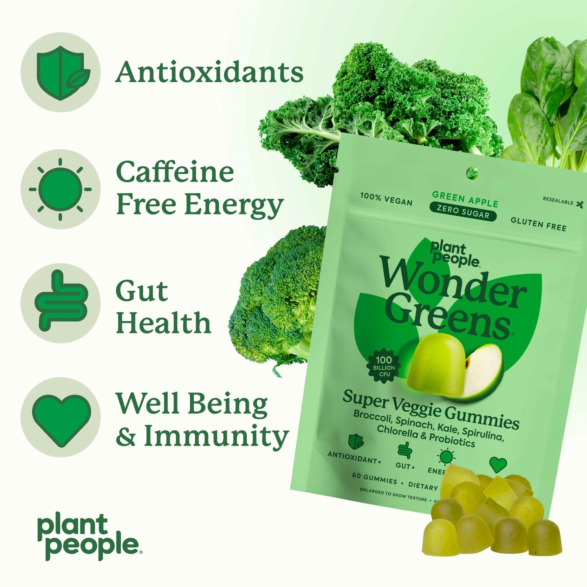 Plant People WonderGreens Veggie Gummies Super Greens with Probiotics Multivitamin Support Gummy for Wellbeing, Energy, Immune and Gut Health, Green Apple Flavor (60 Count) Plant People Au supplements