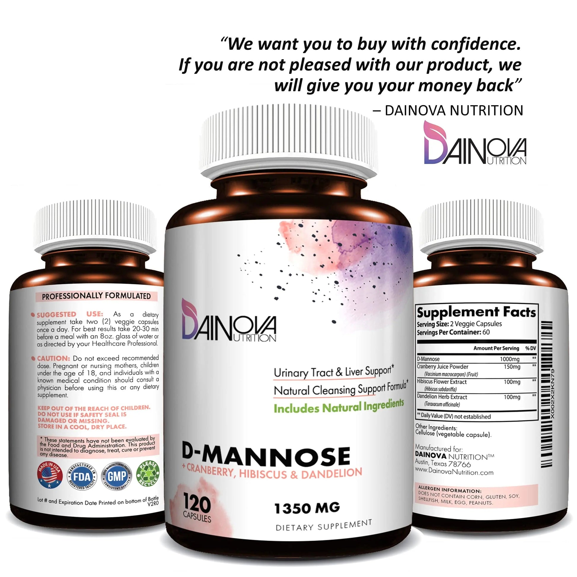 Dainova D Mannose 1350mg with Cranberry I D-Mannose Capsules for UTI Prevention, Urinary Tract Support, Urinary Tract Health for Women, & Cleanse. W/Hibiscus & Dandelion, 120 Veggie Capsules Dainova Nutrition Au supplements