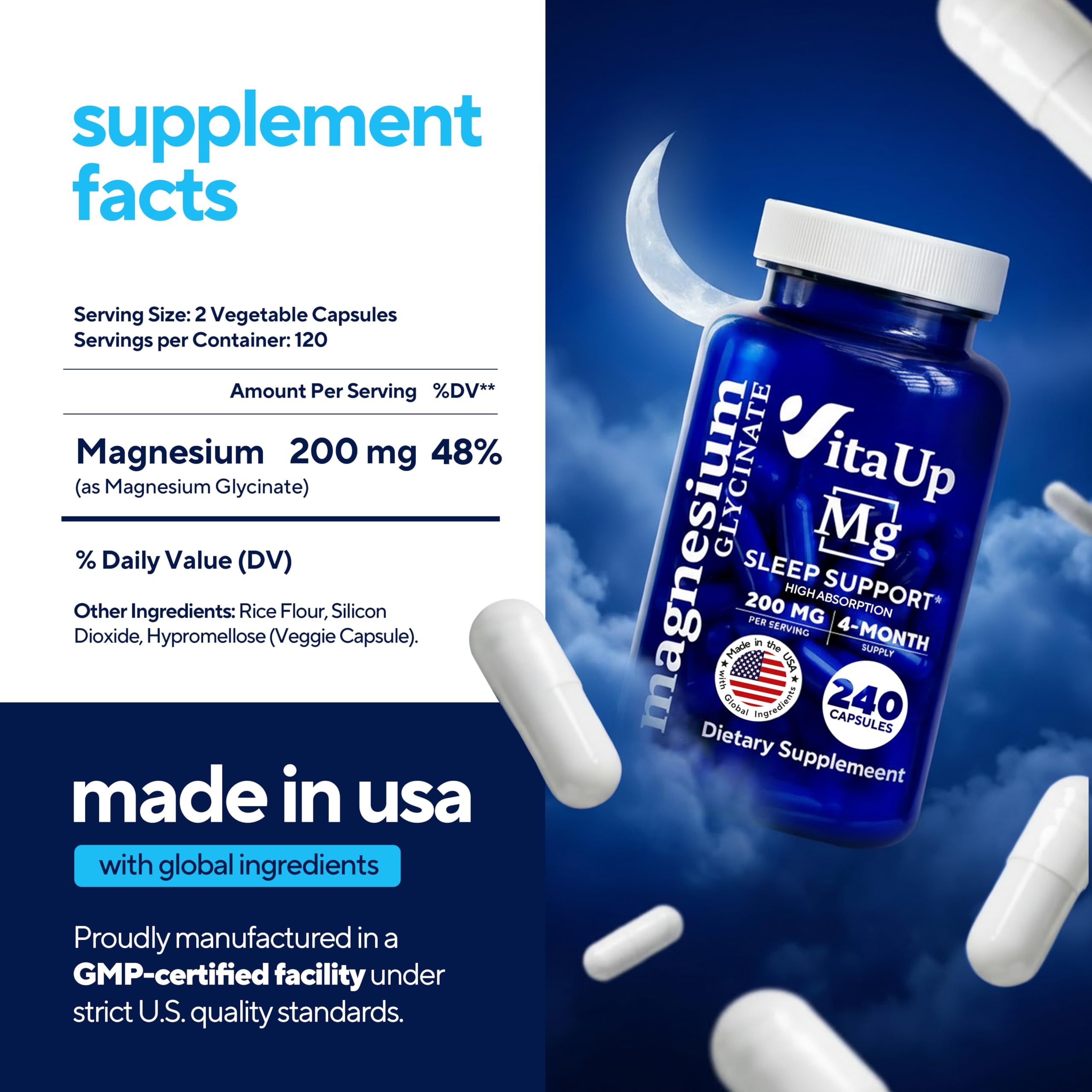 VitaUp Magnesium Glycinate 200mg - USA Made, Highly Absorbed, Non-GMO Magnesium for Relaxation, Deep Sleep, Bones & Heart - 200mg per Serving, 120 Vegan Capsules VitaUp Au supplements