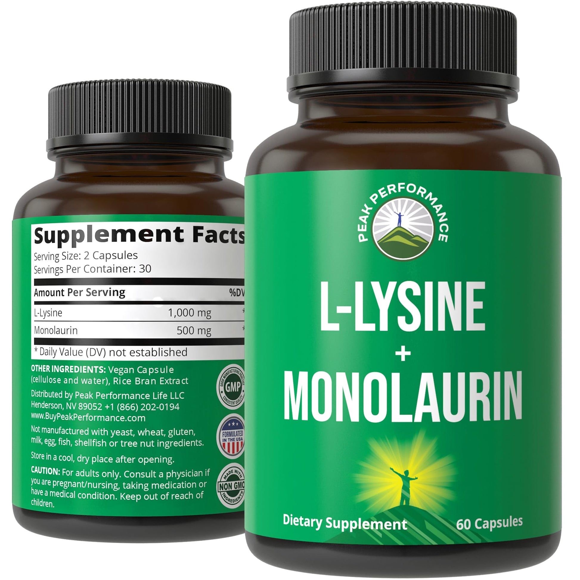 Peak Performance L Lysine 1000mg + Monolaurin 500mg Supplement for Immune Support - High Potency L-Lysine for Lips, Skin, & Health - 2-in-1 Bioavailable Supplements for Men and Women - 60 Capsules Peak Performance Au supplements