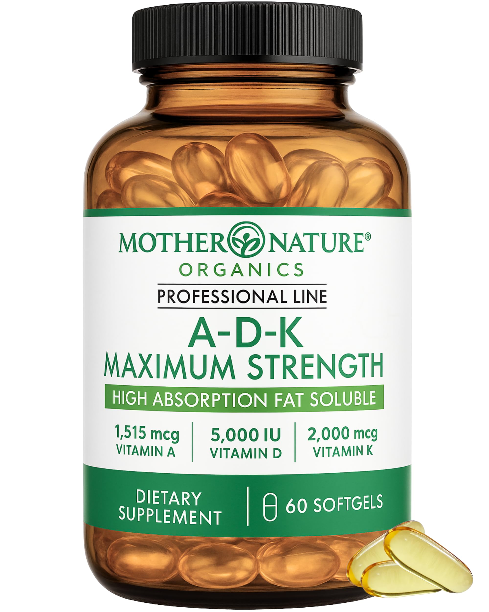 ADK Vitamin Supplement - 5000 IU Vitamin D3 + A & K2 MK-7 - High Absorption for Bone, Heart & Immune Support - Non-GMO (60 Softgels) Mother Nature Organics Superfoods for Organic Living Au supplements
