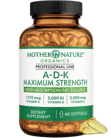 ADK Vitamin Supplement - 5000 IU Vitamin D3 + A & K2 MK-7 - High Absorption for Bone, Heart & Immune Support - Non-GMO (60 Softgels) Mother Nature Organics Superfoods for Organic Living Au supplements