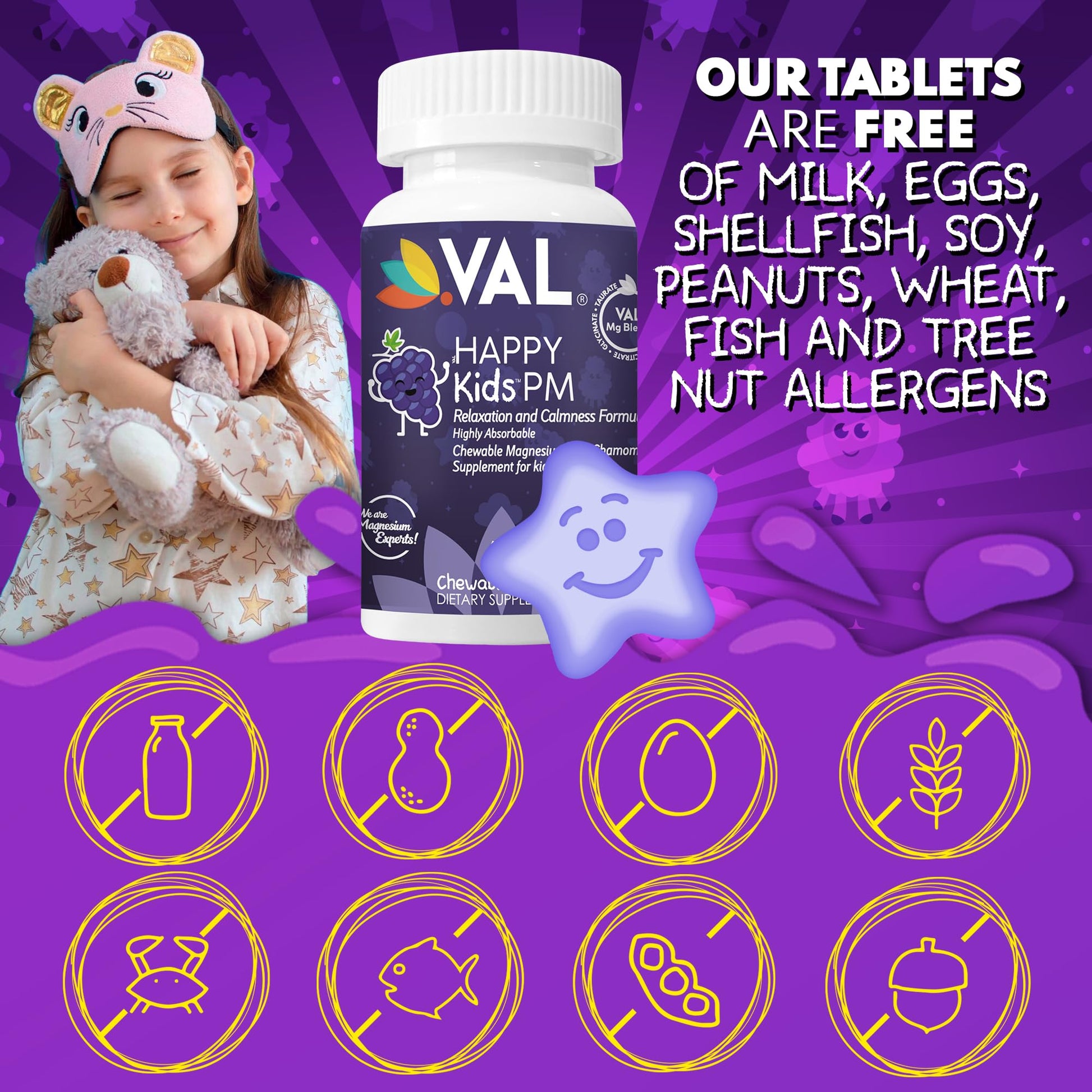 VAL Kids PM Magnesium Gummies | Sugar-Free Chewable Tablets with Chamomile, Magnesium Glycinate + Citrate + Taurate | Vitamin B6 & C | Natural Grape Flavor | Sleep & Calm Support | 60 Ct | Ages 4+ VAL Au supplements