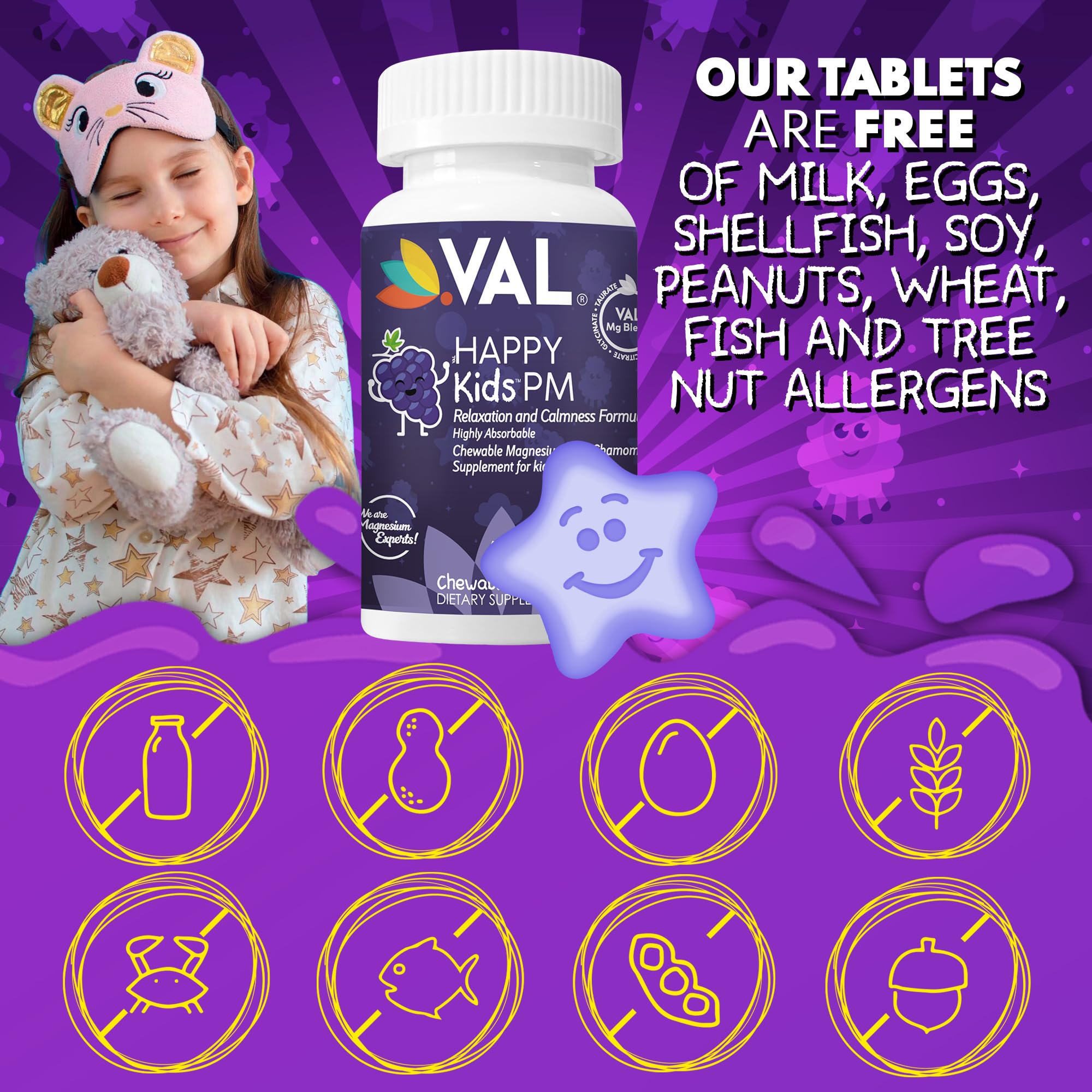 VAL Kids PM Magnesium Gummies | Sugar-Free Chewable Tablets with Chamomile, Magnesium Glycinate + Citrate + Taurate | Vitamin B6 & C | Natural Grape Flavor | Sleep & Calm Support | 60 Ct | Ages 4+ VAL Au supplements