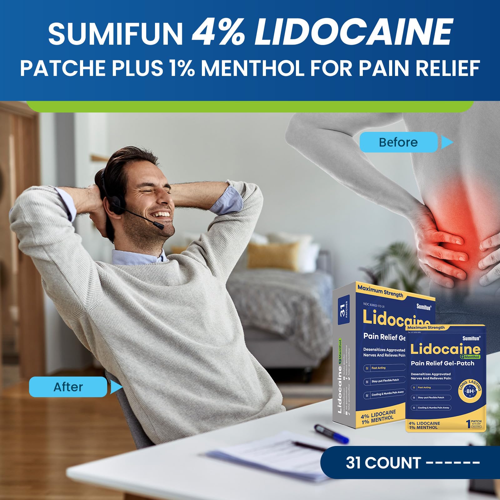 Sumifun Lidocaine Pain Relief Patches - Fast, Targeted Therapy Simple Backache, Soreness, Sprain, Joint Pain with Maximum Strength 4% Lidocaine and 1% Menthol (Large, Count, 31) NDC 83602-172-31 Sumifun Au supplements