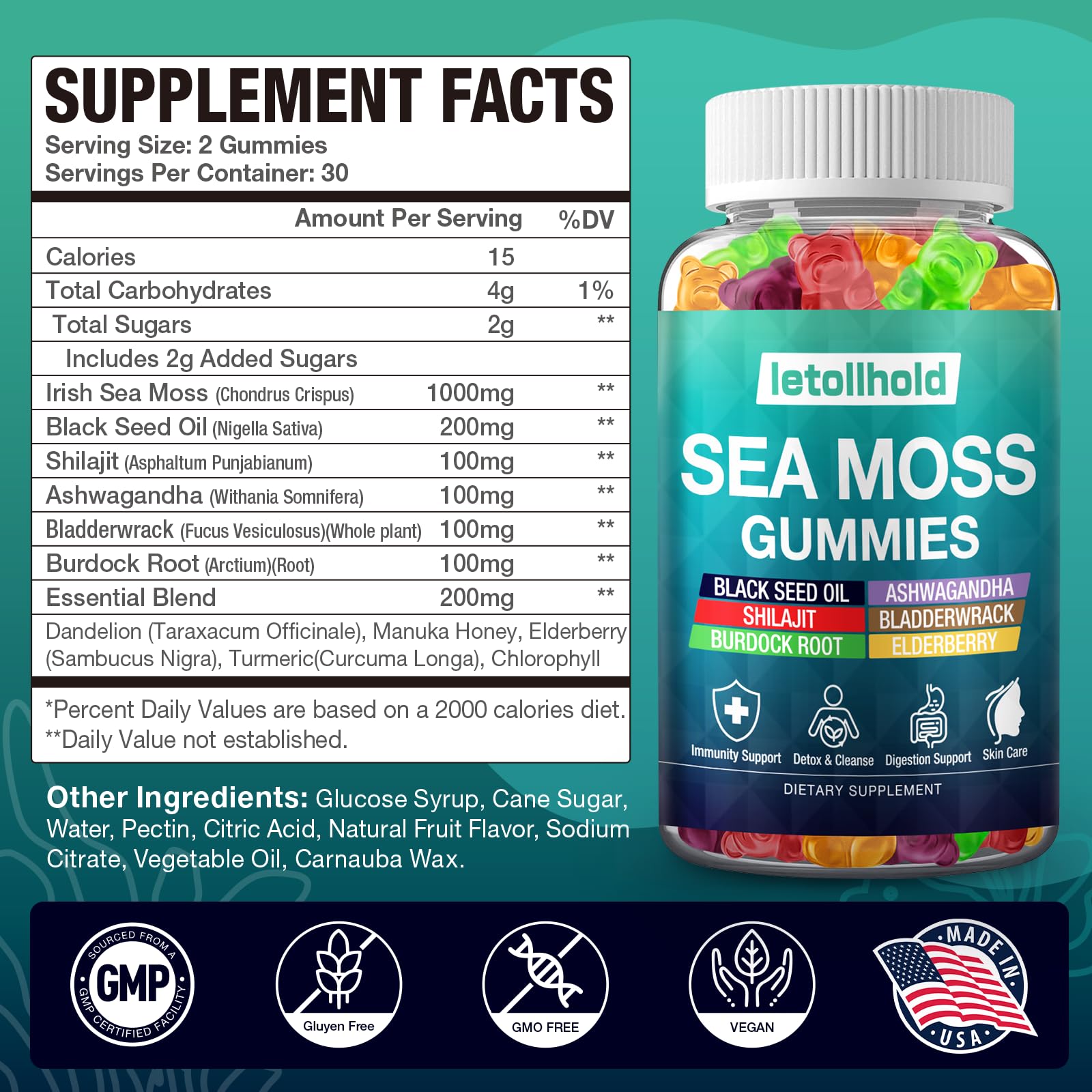 Sea Moss Gummies - Irish Sea Moss Gummies Advanced for Adults with Ashwagandha Bladderwrack & Burdock Root for Supports Immune，Energy - 60 Vegan Gummy,2PCS letollhold Au supplements