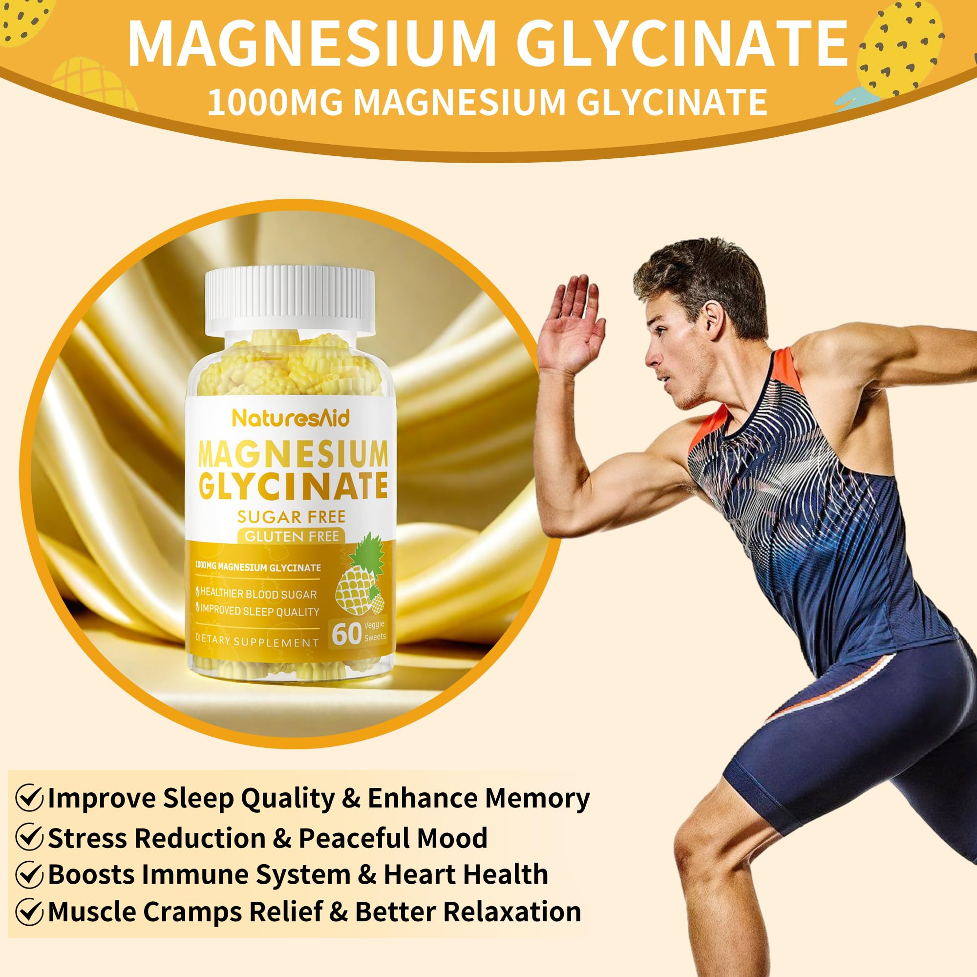Magnesium Glycinate Gummies 1000mg - Sugar Free Magnesium Potassium Supplement with Vitamin D, B6, CoQ10 for Calm Mood & Sleep Support - 60 Pineapple Gummies -1 Pack Natures Aid Au supplements
