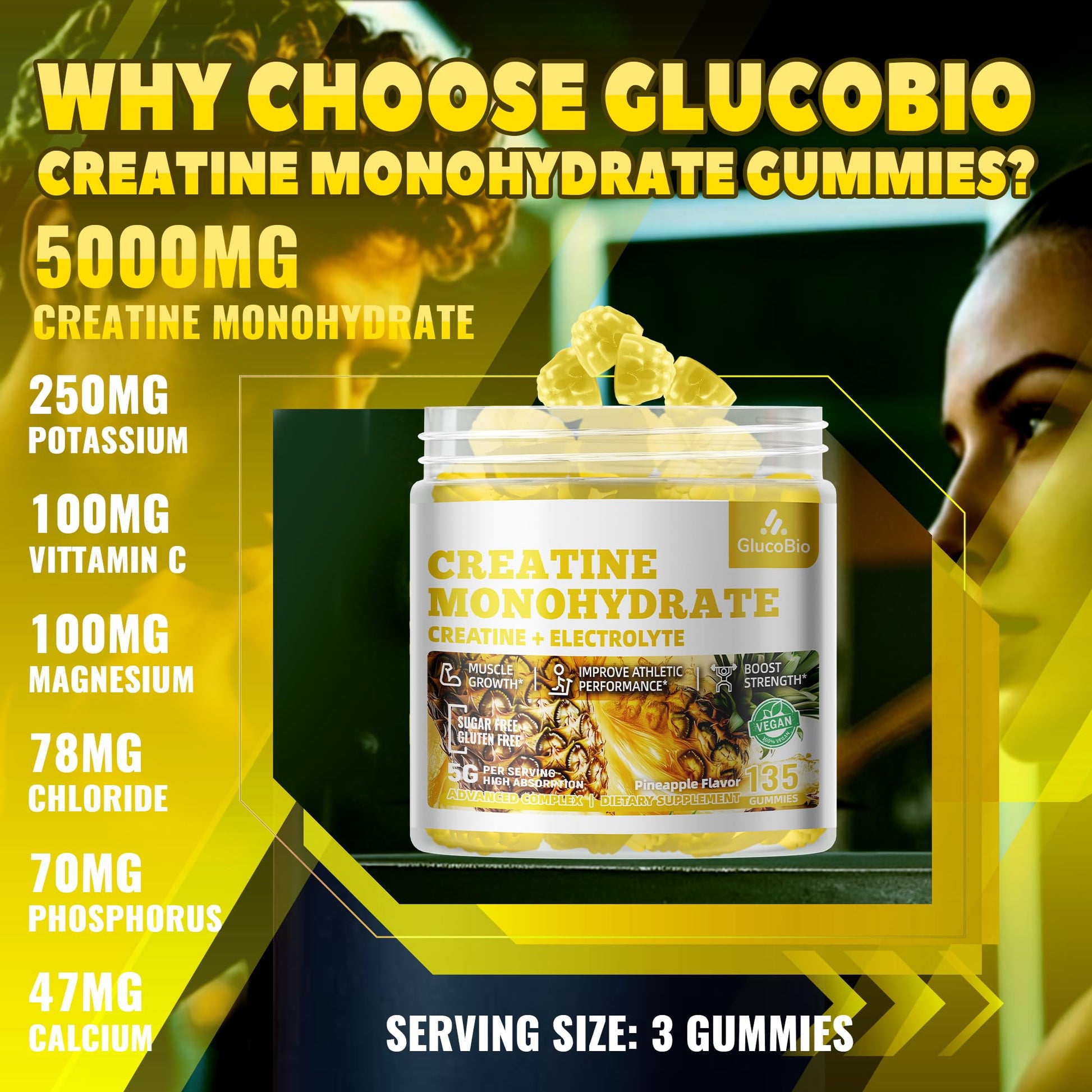 GlucoBio Creatine Monohydrate Gummies (5g) – Pre-Workout Energy & Muscle Growth Support for Men & Women | Pineapple Electrolyte Gummies (135 Count) GlucoBio Au supplements