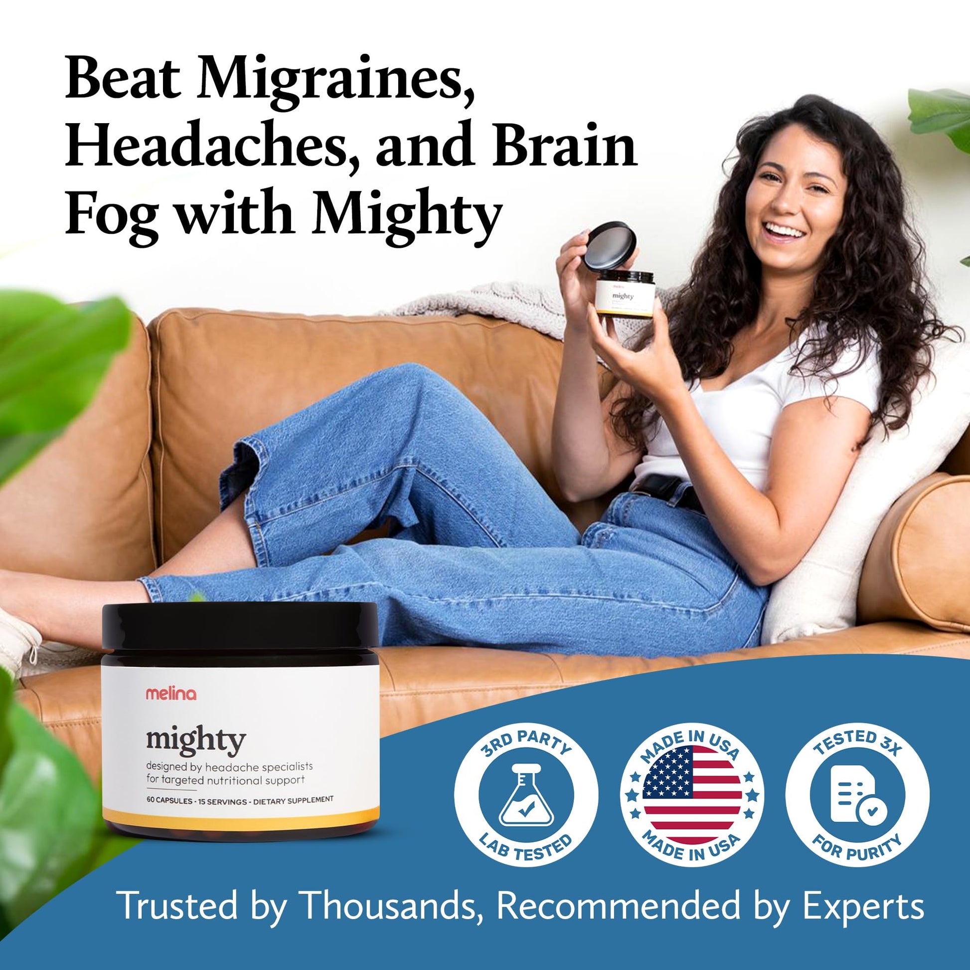 Melina Mighty Natural Migraine Relief Supplement - Magnesium, B2 Riboflavin 400mg, Feverfew, CoQ-10, ALCAR to Strengthen Migraine and Headache Prevention - 15 Servings (60 Caps) Melina Au supplements