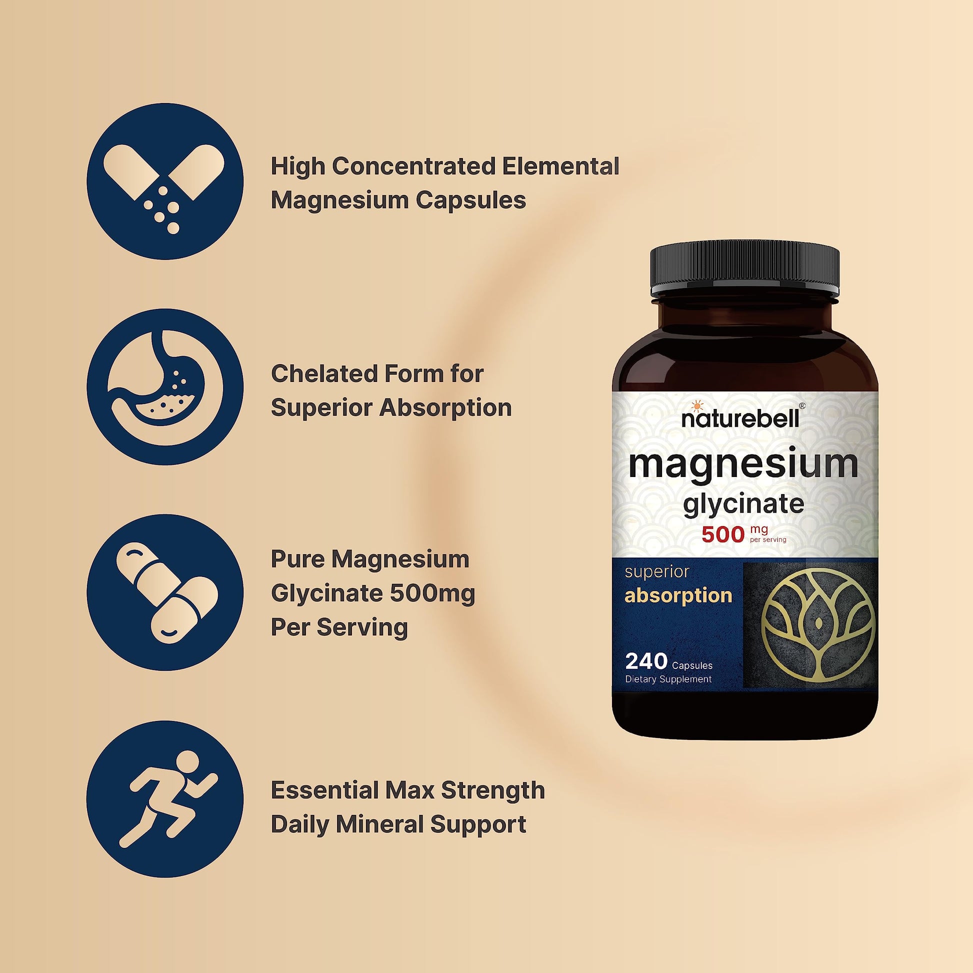 Magnesium Glycinate Capsules 500mg | 240 Count, 100% Chelated & Purified, 3rd Party NatureBell Au supplements