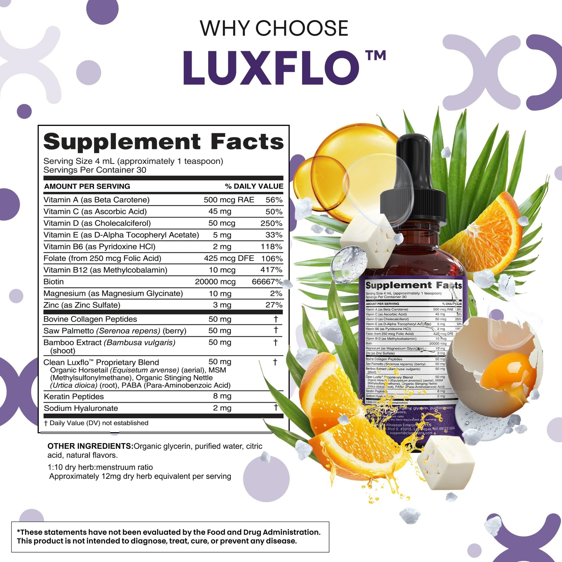 Liquid Biotin & Collagen Keratin Hyaluronic Acid Saw Palmetto Drops Vitamins for Hair Growth Support Silica Vitamin A C D Bamboo Turmeric Zinc Folate Magnesium Horsetail LuxFlo By Clean Nutra Clean Nutraceuticals Au supplements