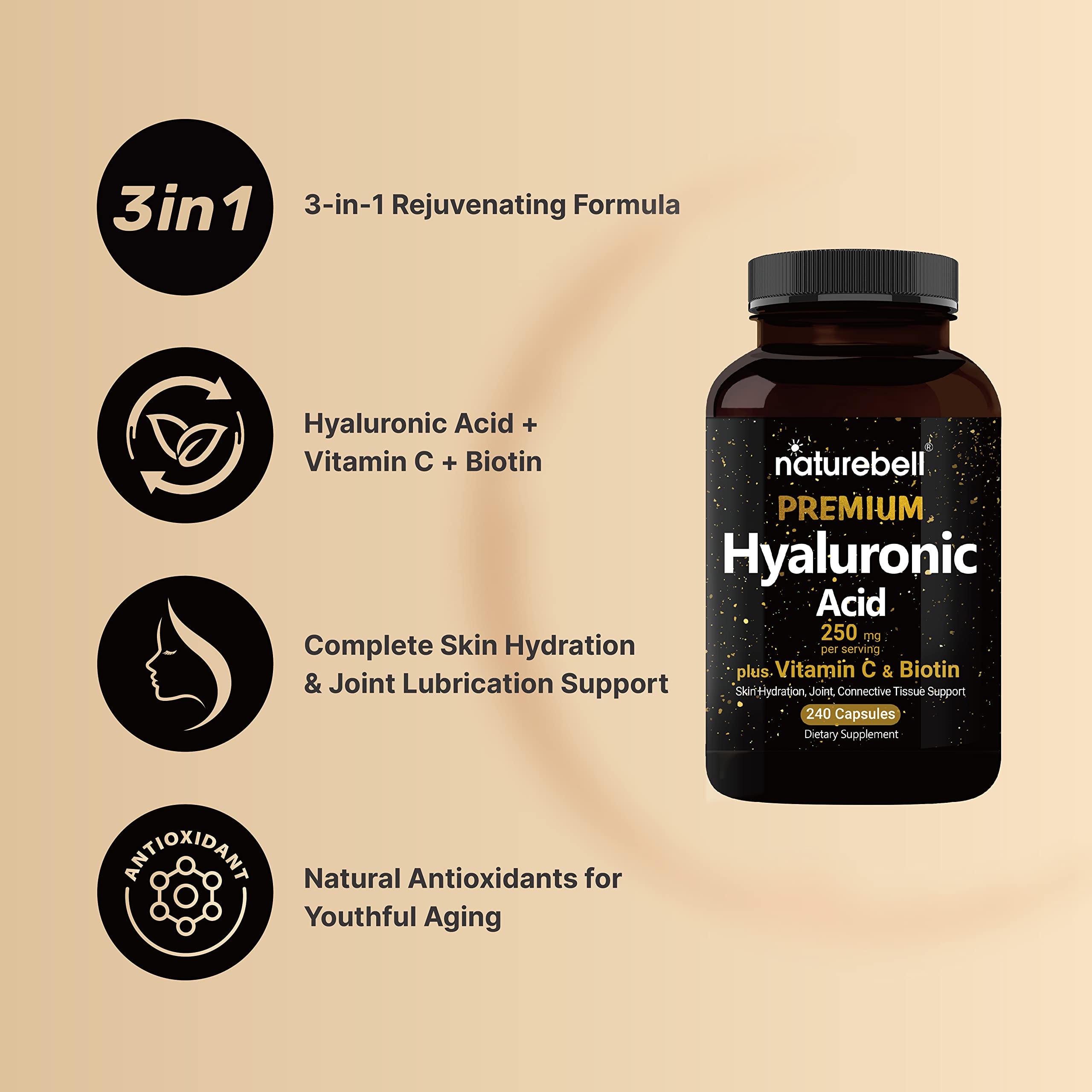 NatureBell 2 Pack Plant Based Hyaluronic Acid Supplements 250mg with 25mg Vitamin C NatureBell Au supplements