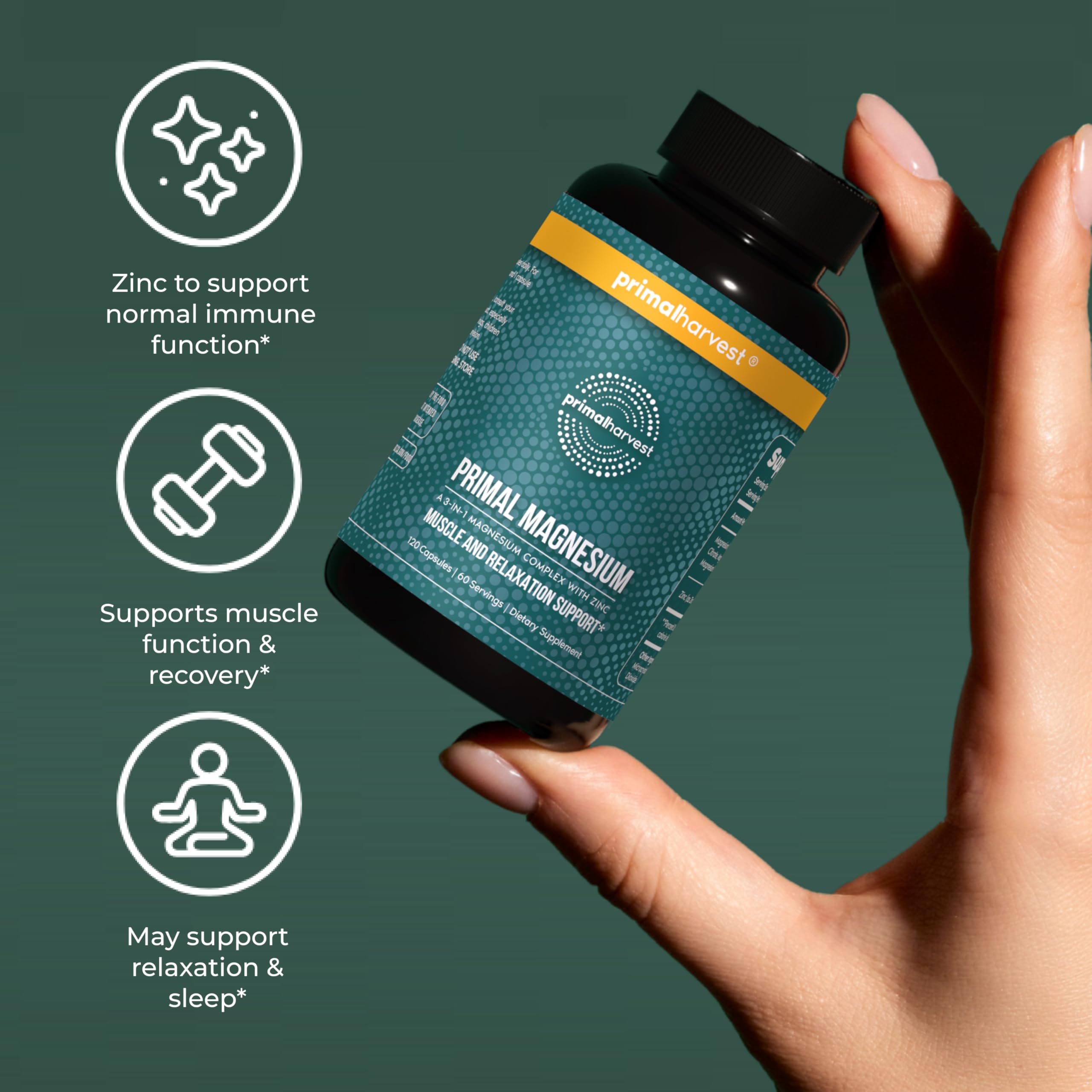 Magnesium Supplement Complex 310mg by Primal Harvest with Magnesium Glycinate, Citrate, Malate, and Zinc 120 Capsules Primal Harvest Au supplements