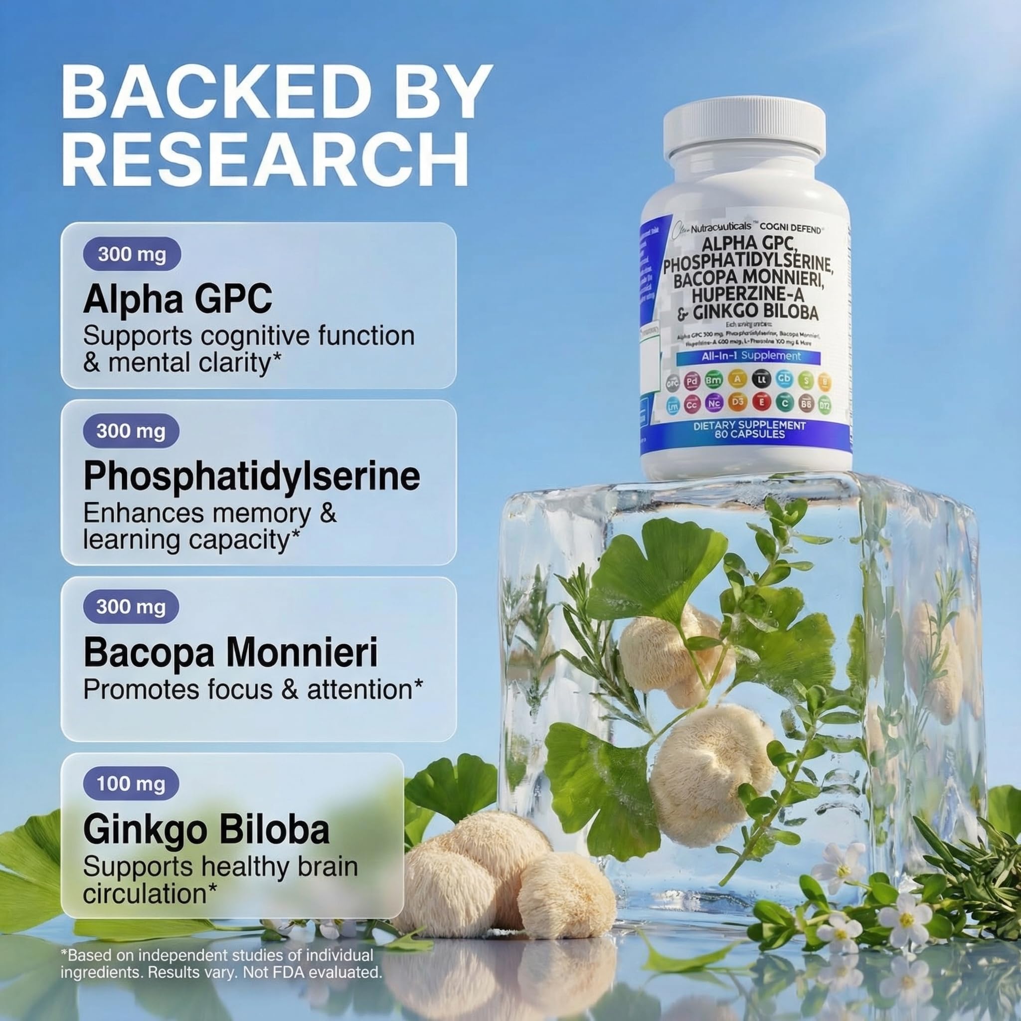 Brain Supplement Alpha GPC 300mg Phosphatidylserine Bacopa Monnieri Ginkgo Biloba Lions Mane Huperzine A L-Theanine NAC Nootropic Memory Focus Cognitive Support Vitamins B C D E 60 Capsules USA Clean Nutraceuticals Au supplements