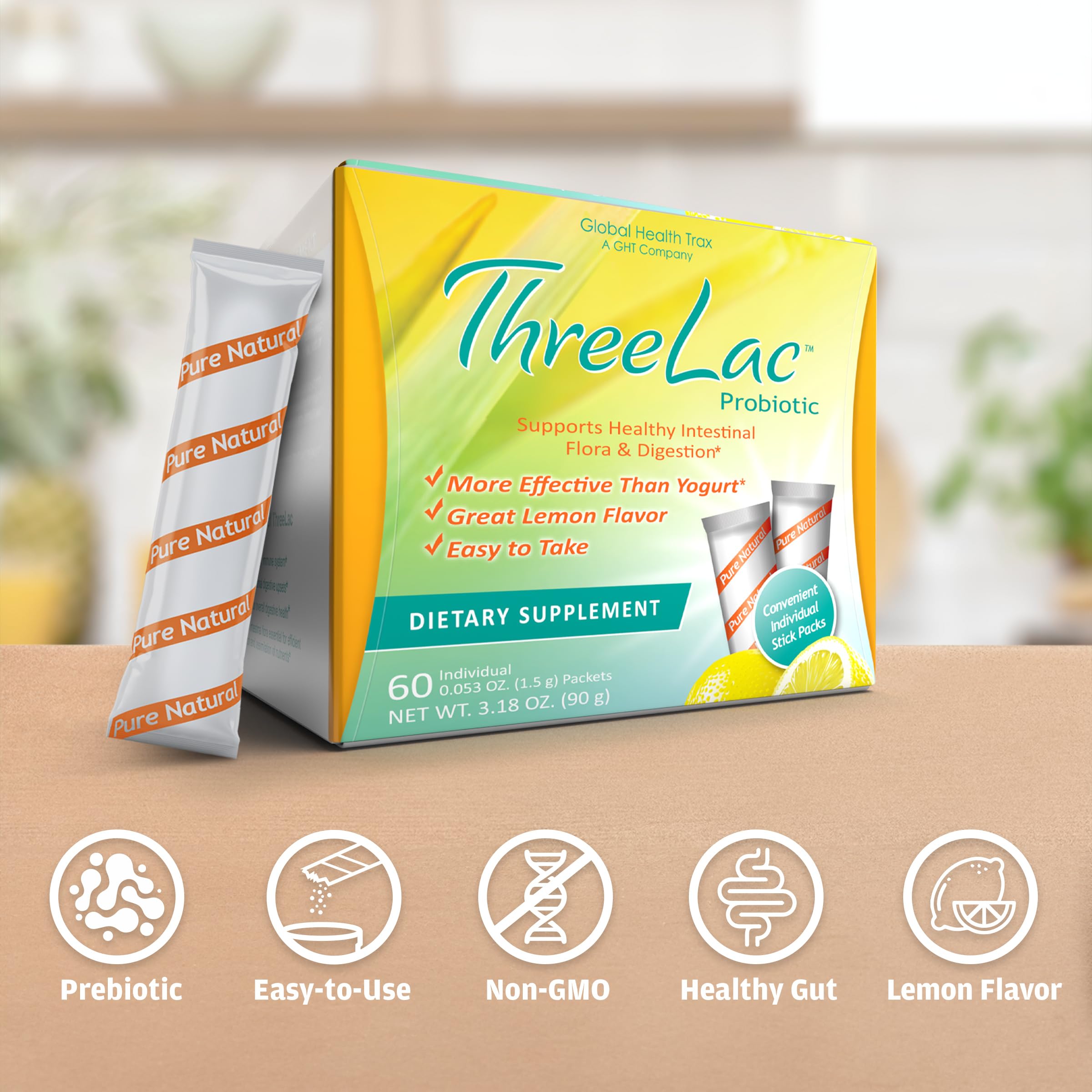Global Health Trax GHT - ThreeLac Lemon Probiotic Drink Mix for Digestive Health - Advanced Probiotic Powder Formula for Men, Women & Kids - Immune Support & Gut Balance, Non-GMO - 60 Packets ght Global Health Trax Au supplements