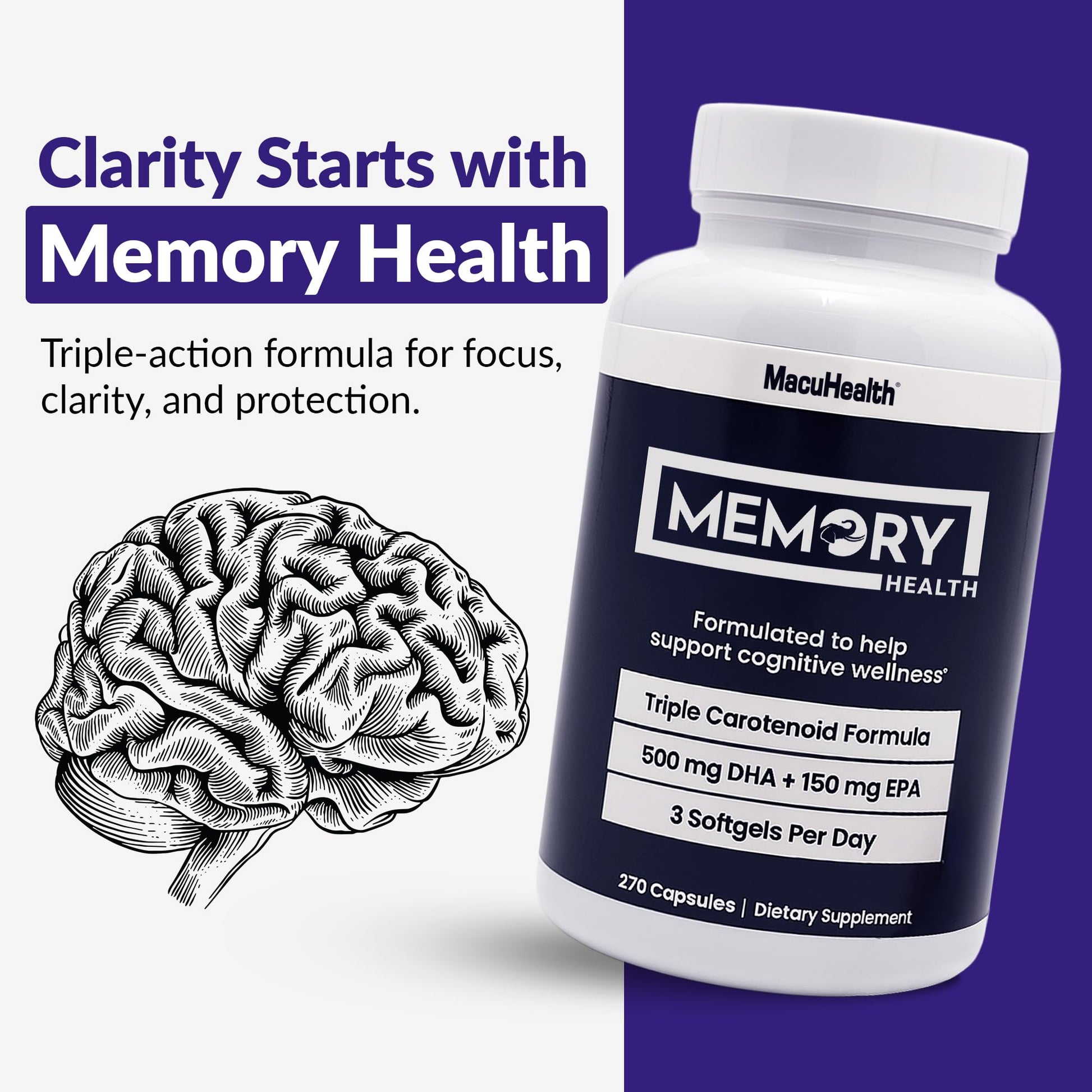 Memory Health Softgels with Omega-3, Carotenoids, and Vitamin E – Designed for Mental Focus, Energy, and Enhanced Clarity - (270 Softgels, 90 Days Supply) Macuhealth Au supplements