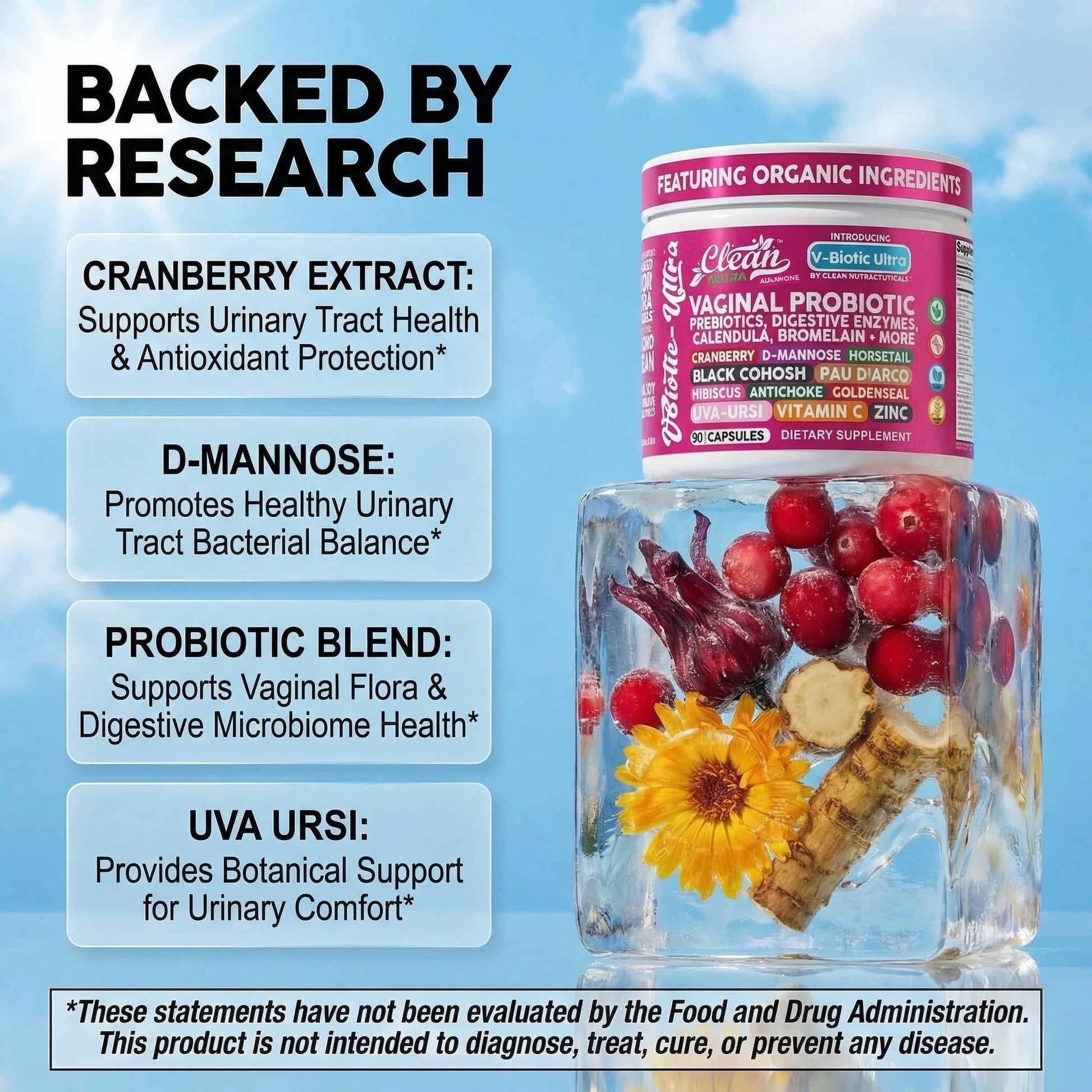 Clean Nutra Vaginal Probiotics for Women + Prebiotics Digestive Enzymes Bromelain Cranberry D Mannose Horsetail Black Cohosh Artichoke Hibiscus Flowers Probiotic for Digestive Health 90 Vegan Capsules Clean Nutraceuticals Au supplements