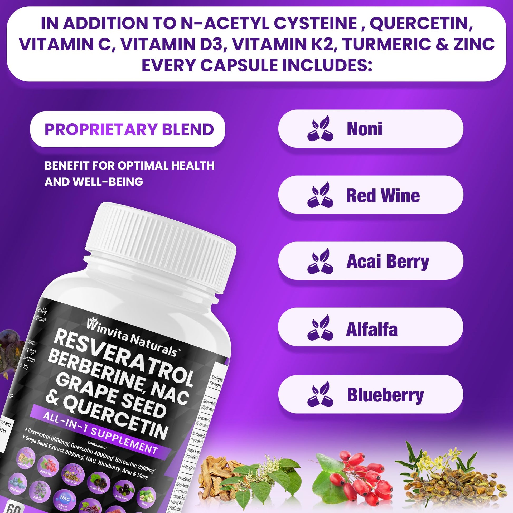 Resveratrol 6000mg Quercetin 4000mg Berberine 2000mg Grape Seed Extract 3000mg Winvita Naturals Au supplements