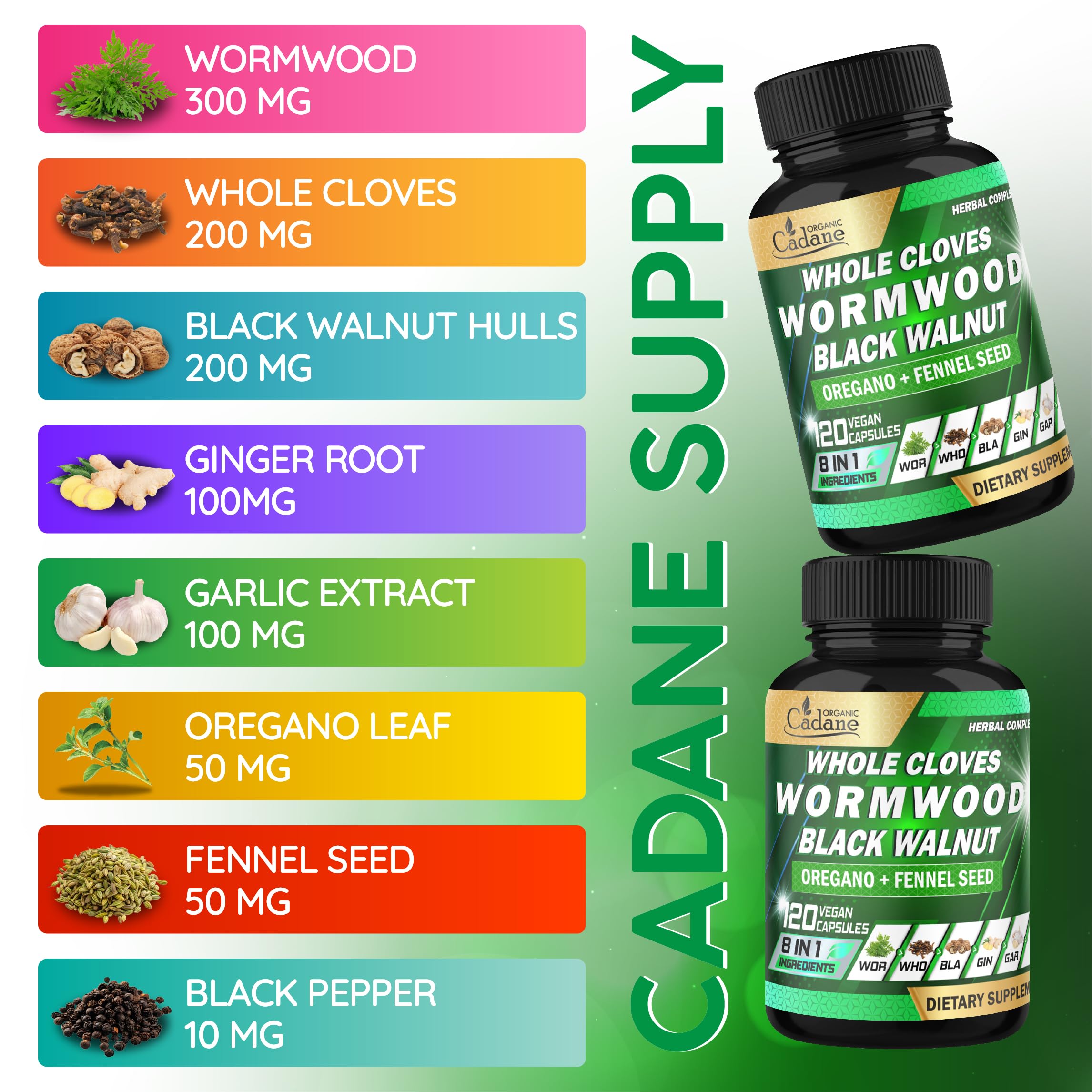 Cadane Wormwood Whole Cloves Black Walnut with Ginger, Garlic, Oregano, Fennel & Black Pepper | Digestive & Wellness Support | 120 Capsules – 60-Day Organic Cadane Au supplements