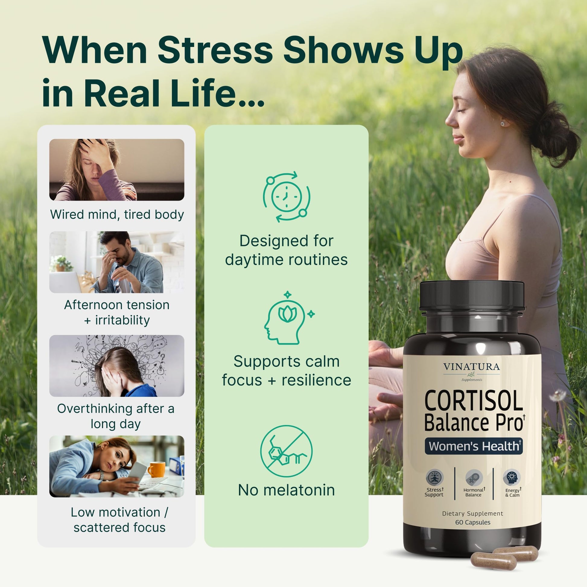 VINATURA Cortisol Supplements for Women - Cortisol Detox and Management - Adrenal Support, Stress Support, 60 Vegan Capsules VINATURA Au supplements