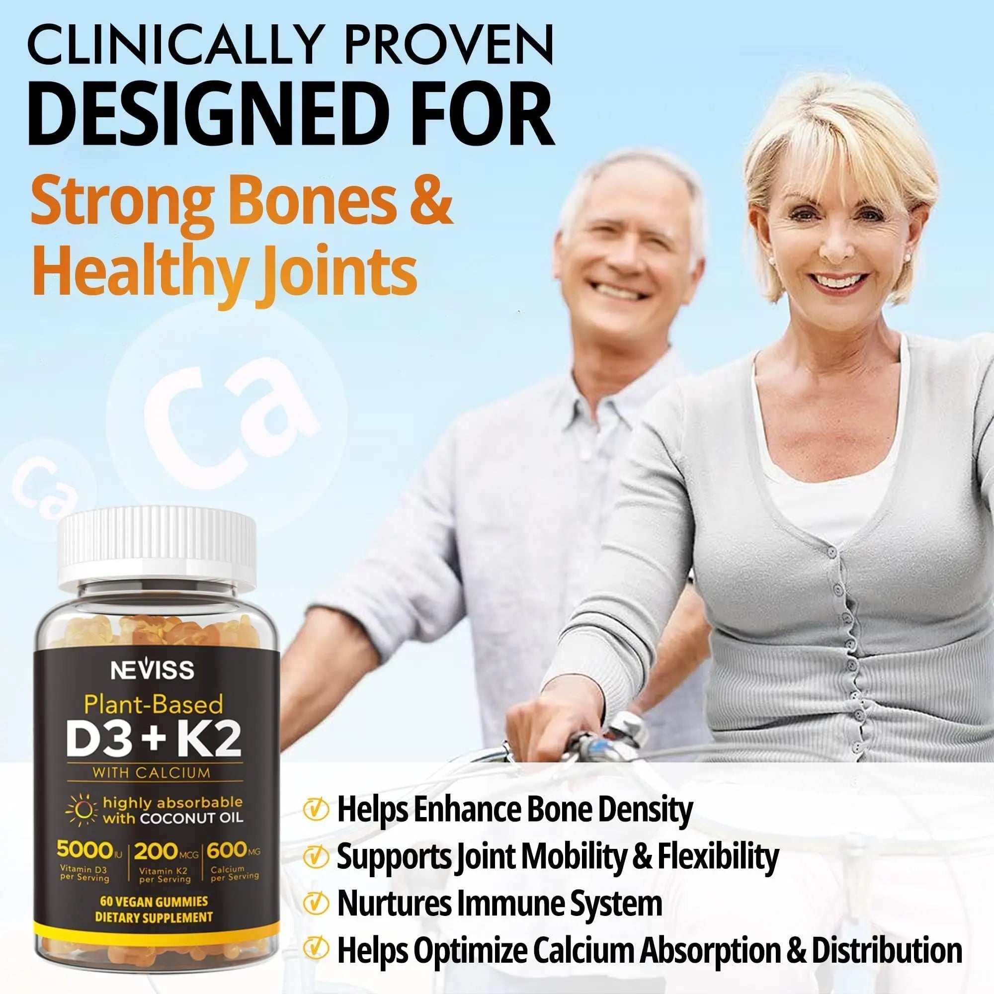 NEVISS 50+ Daily Gummy Multivitamin Algae Omega 3 & Calcium, CoQ10, Magnesium + Vitamin D3 5000IU Gummies 125mcg with Calcium 600mg, K2(MK7) 200mcg NEVISS Au supplements
