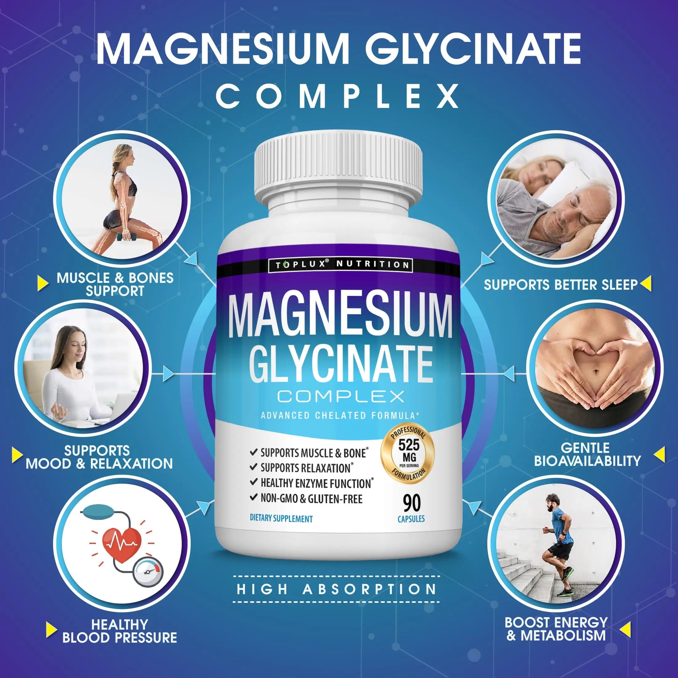 Magnesium Glycinate 525mg - High Absorption Chelated Magnesium Supplement Made with Pure Magnesium Glycinate - Supports Muscles, Sleep, Cramps, Recovery Bisglycinate Complex Vegan Non-GMO 90 Capsules Toplux Au supplements